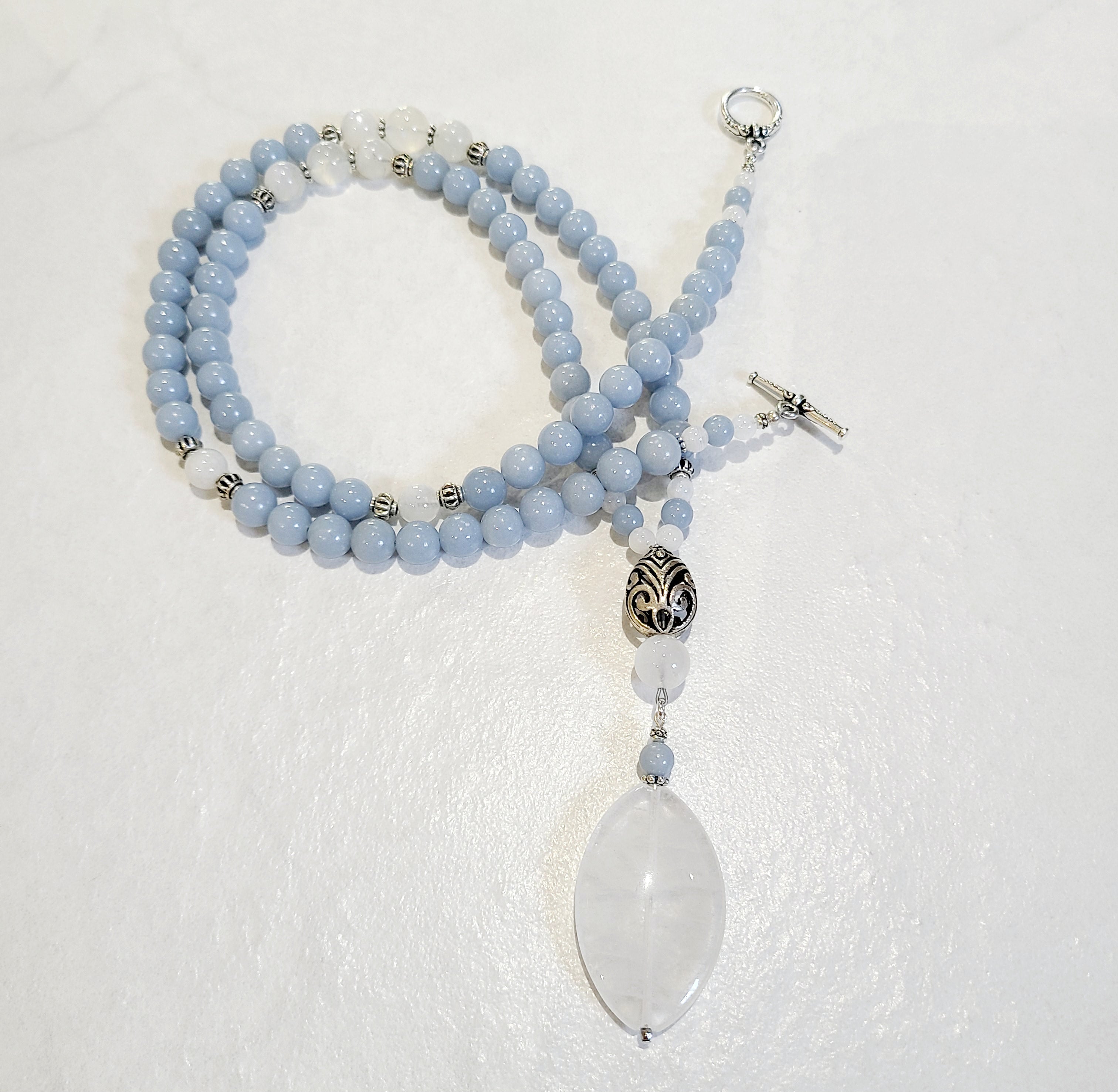 Angelite and Rainbow Moonstone Long Mala Necklace
