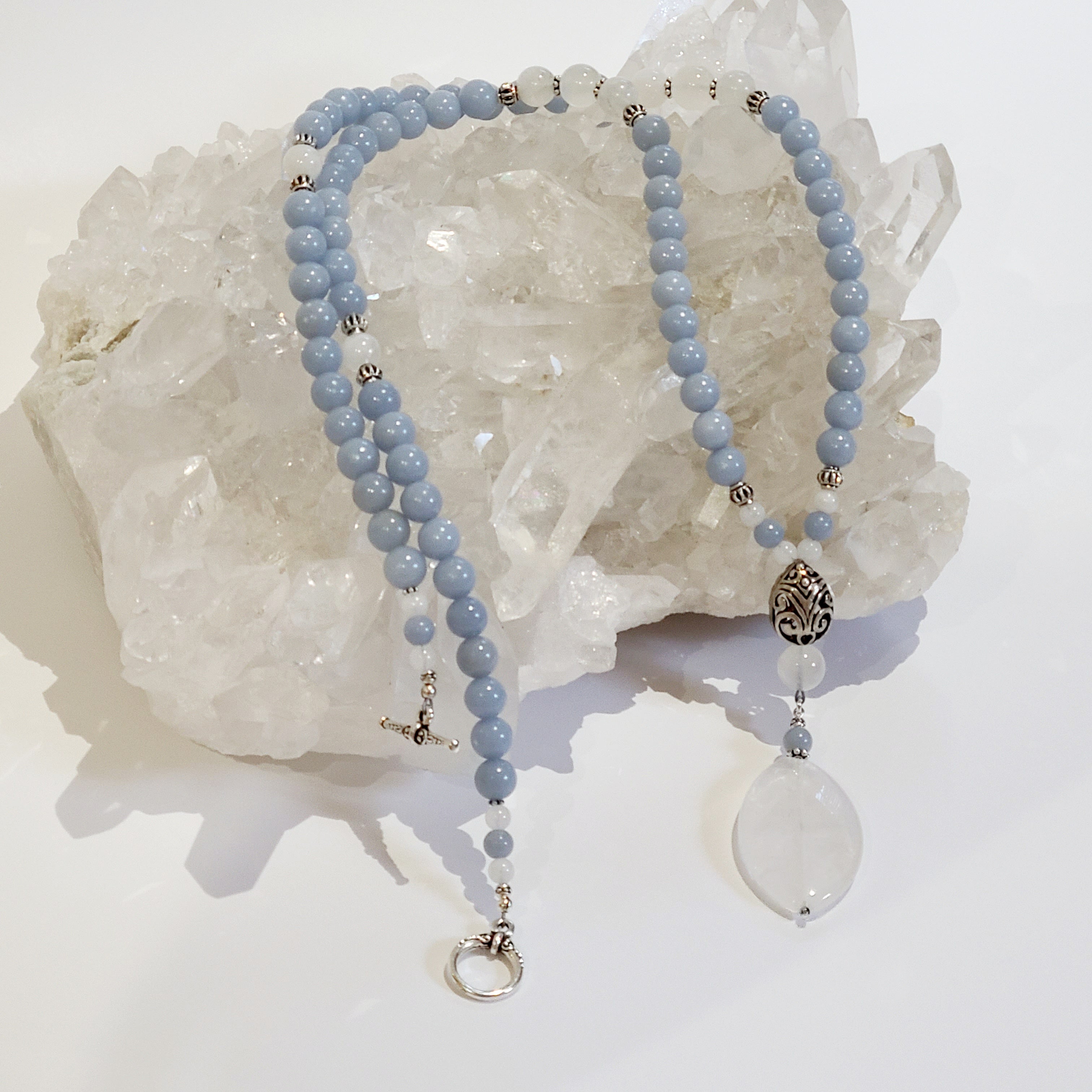 Angelite and Rainbow Moonstone Long Mala Necklace