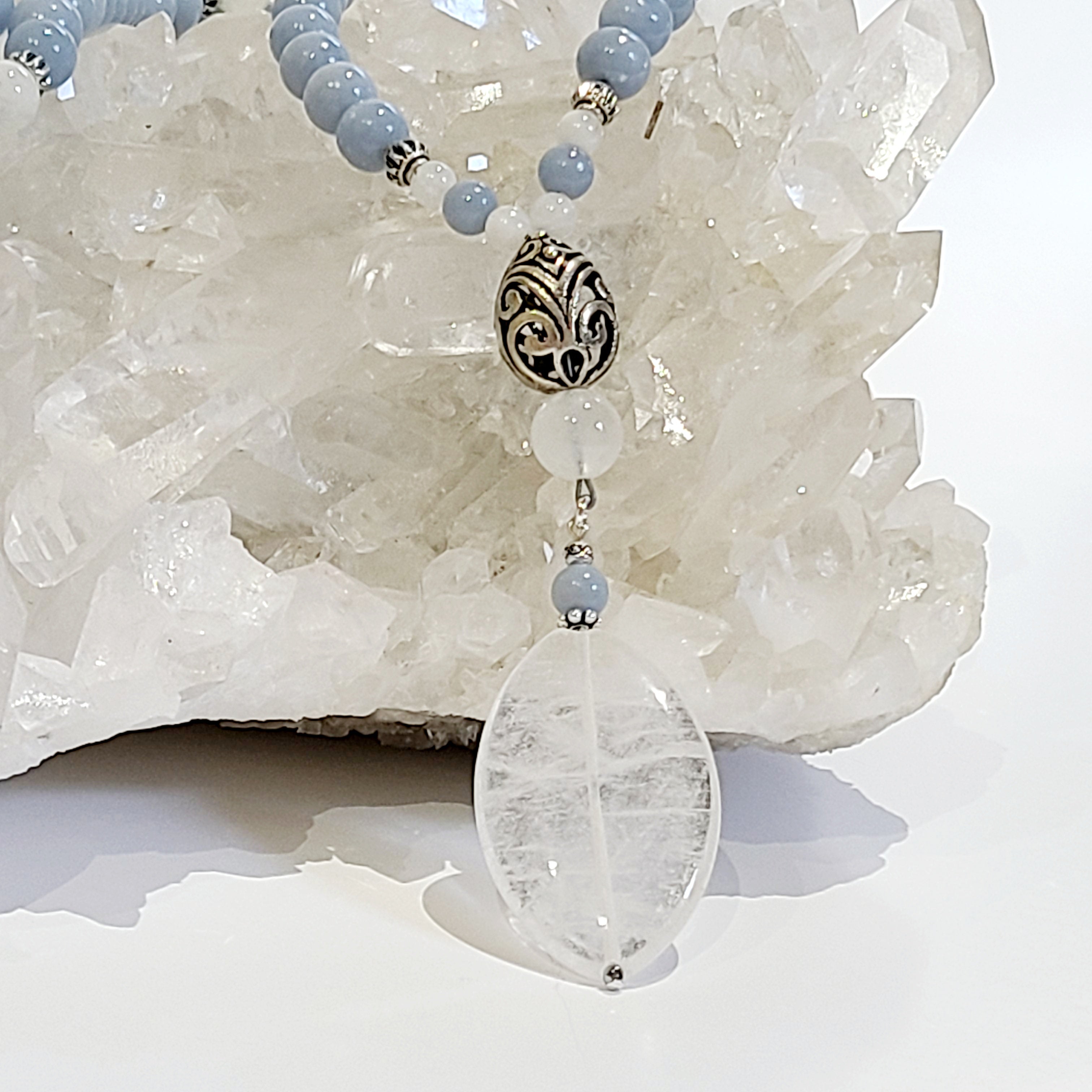 Angelite and Rainbow Moonstone Long Mala Necklace