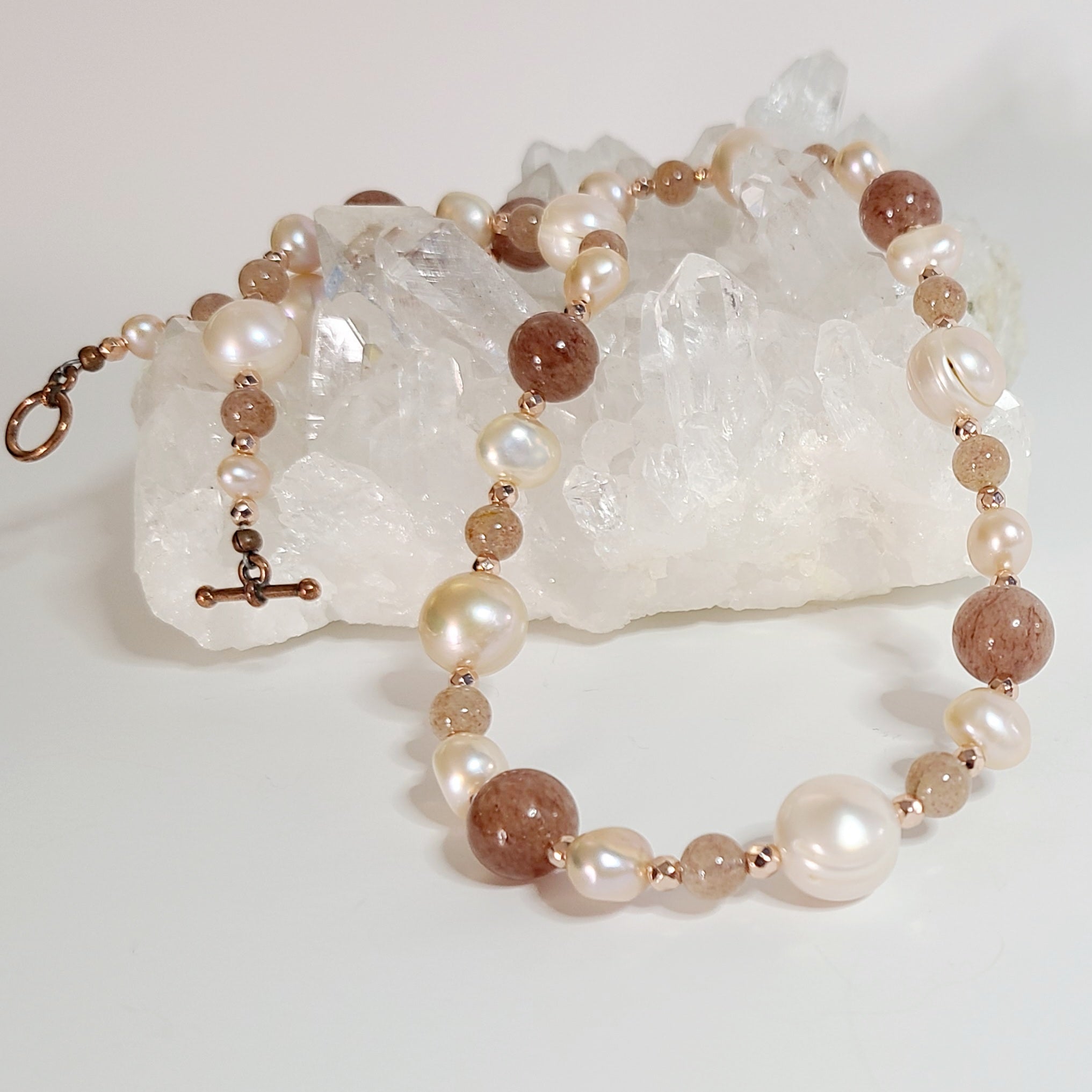 Freshwater Pearl, Muskovite & Strawberry Quartz Necklace