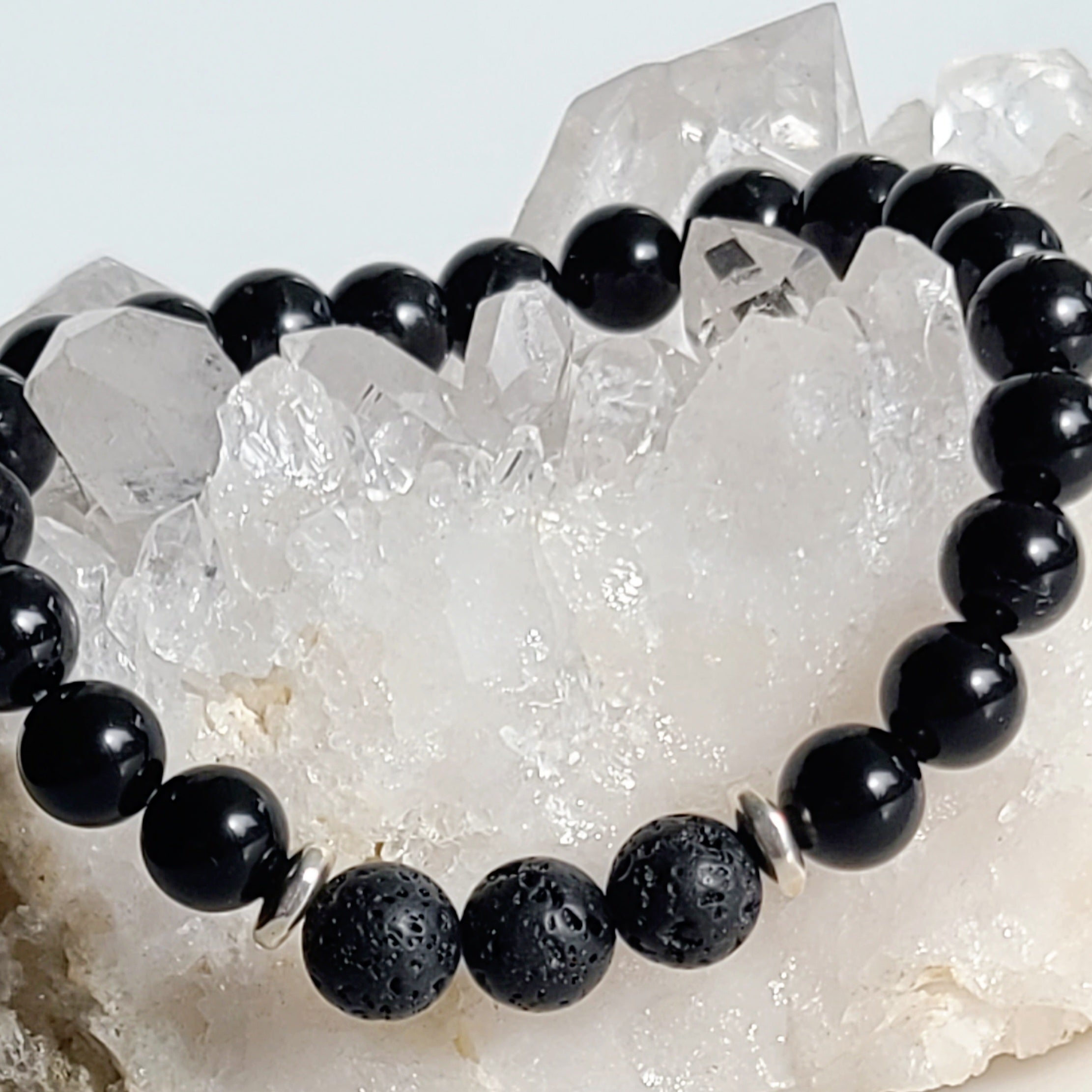 Black Tourmaline Stretch Bracelet with Lava Rock