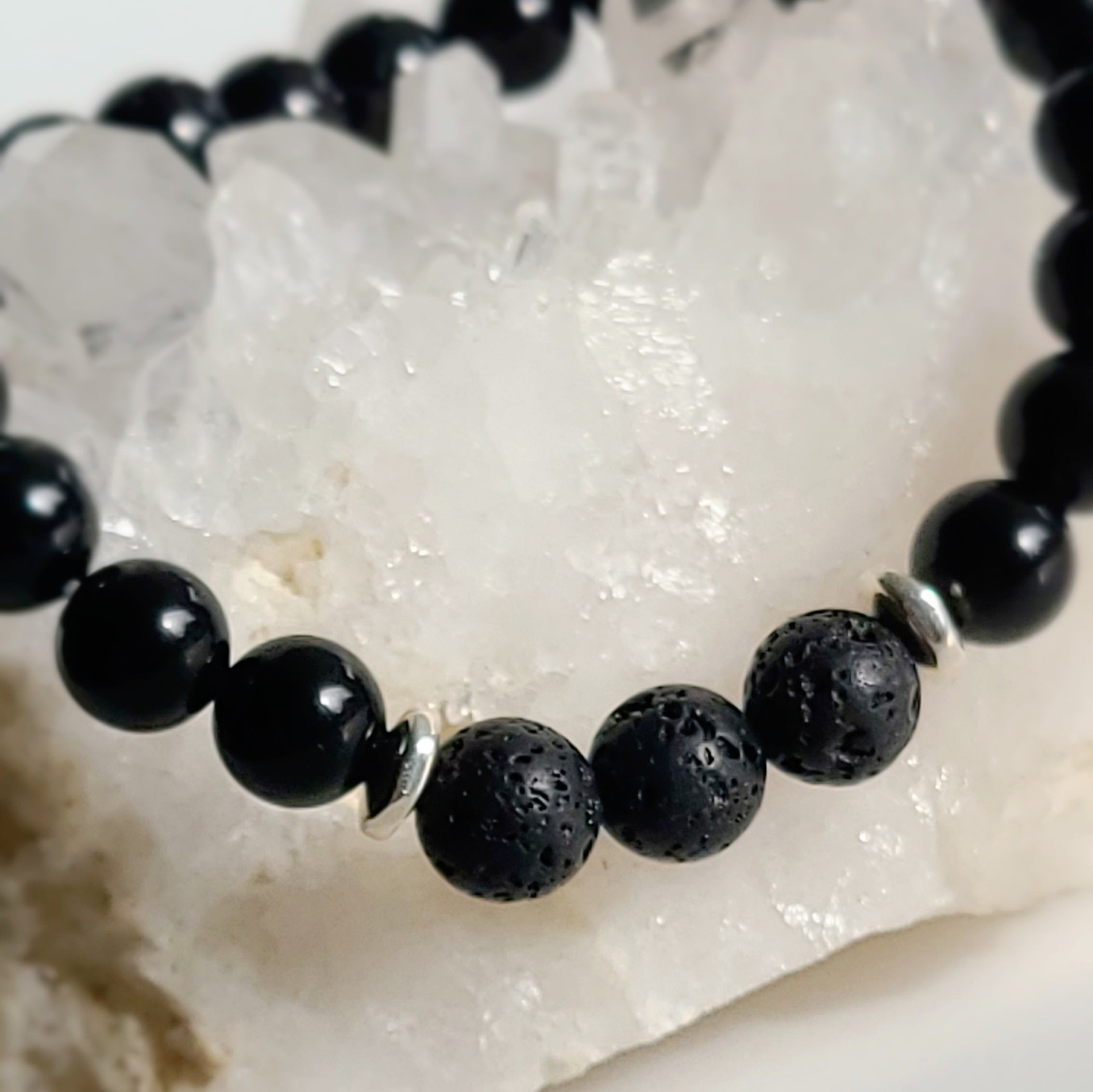 Black Tourmaline Stretch Bracelet with Lava Rock