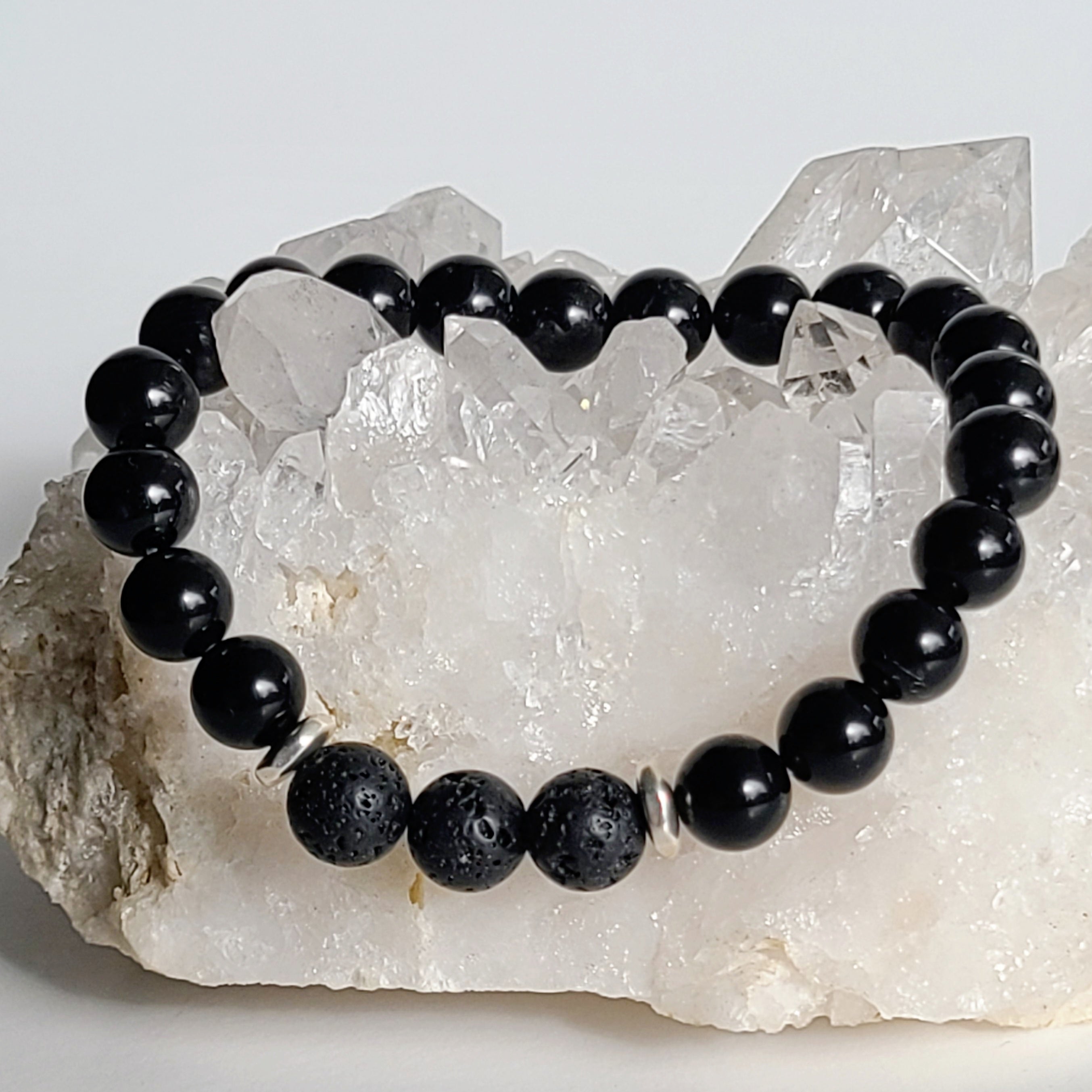 Black Tourmaline Stretch Bracelet with Lava Rock