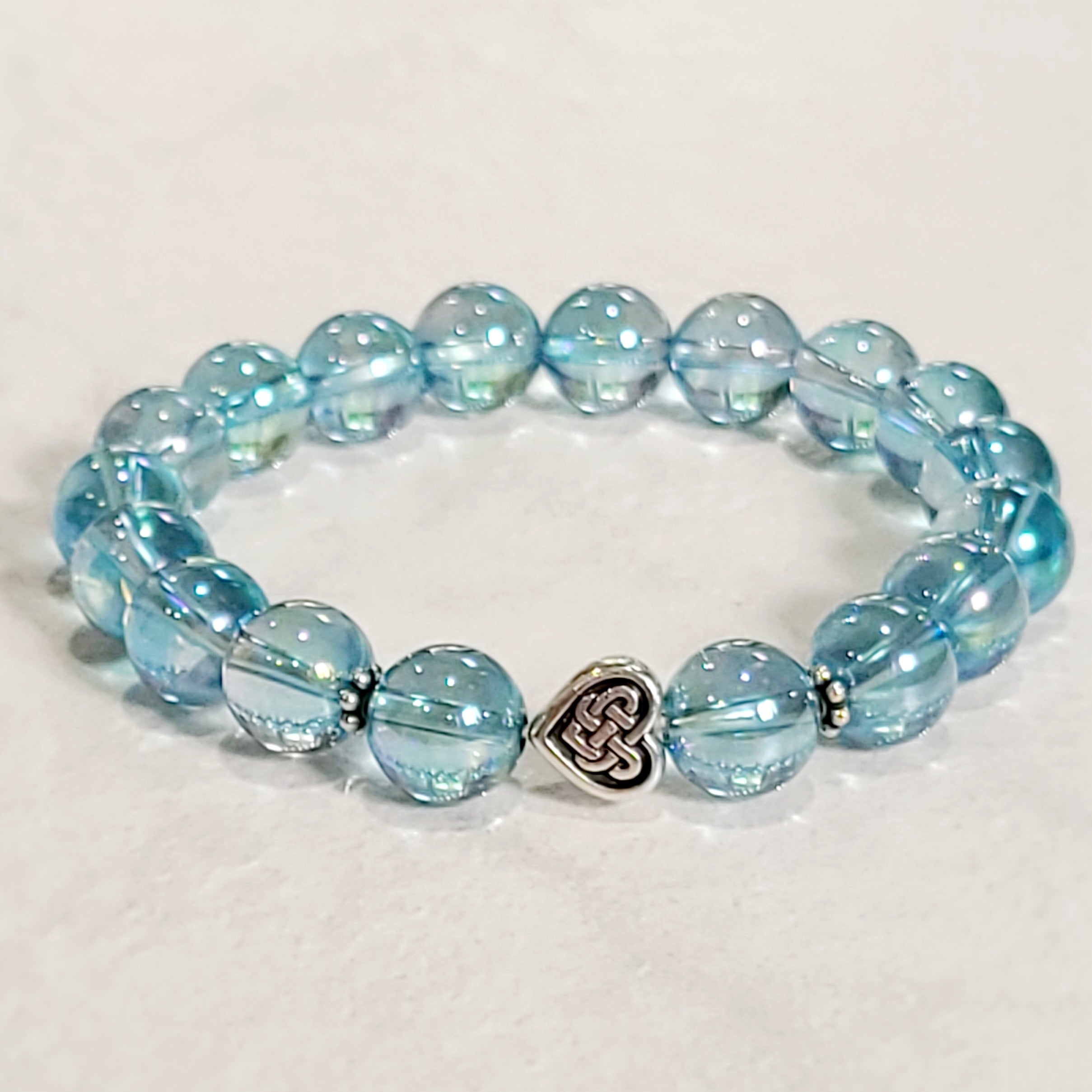 Aqua Aura Quartz Stretch Bracelet with Celtic Heart