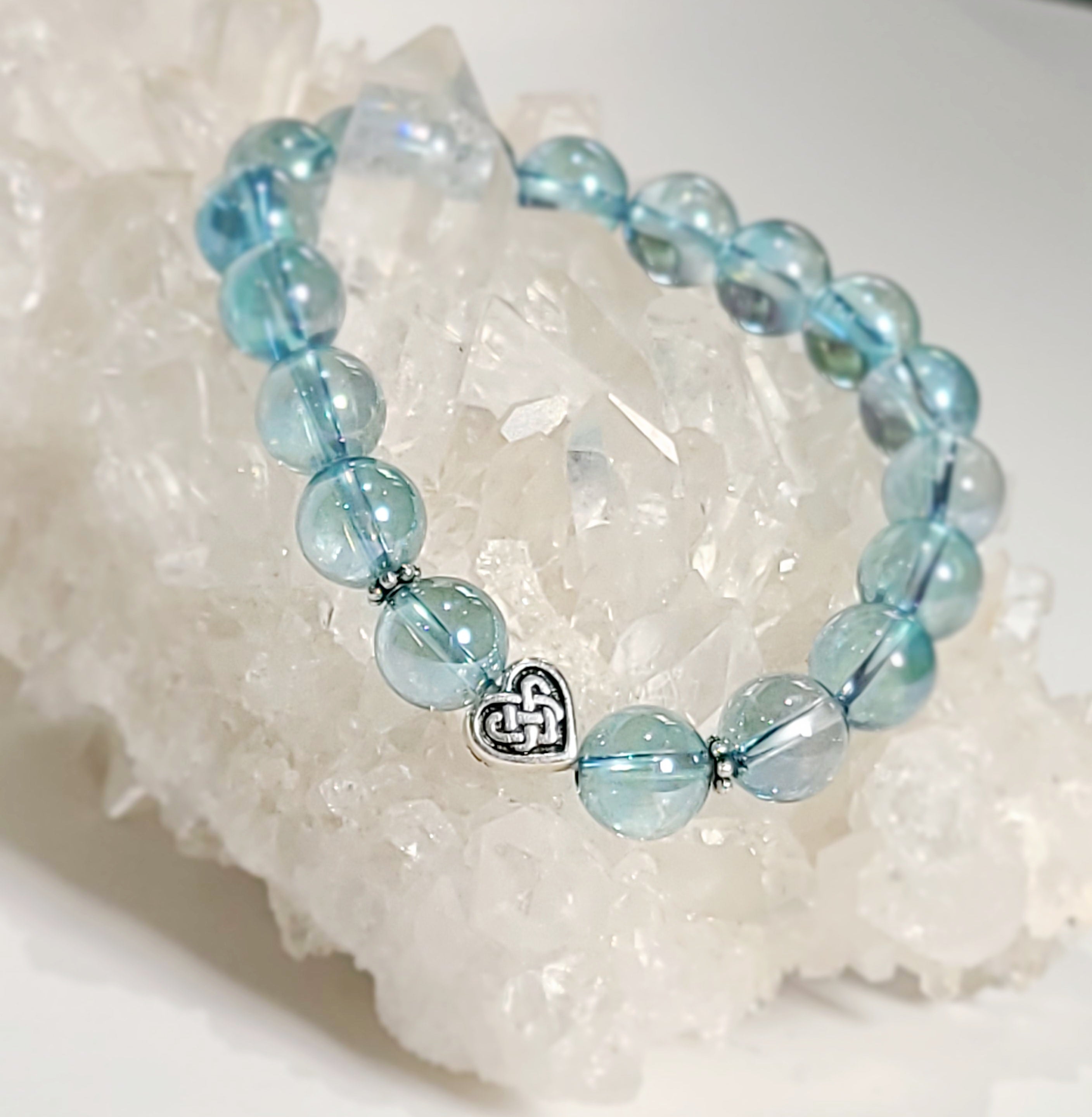 Aqua Aura Quartz Stretch Bracelet with Celtic Heart
