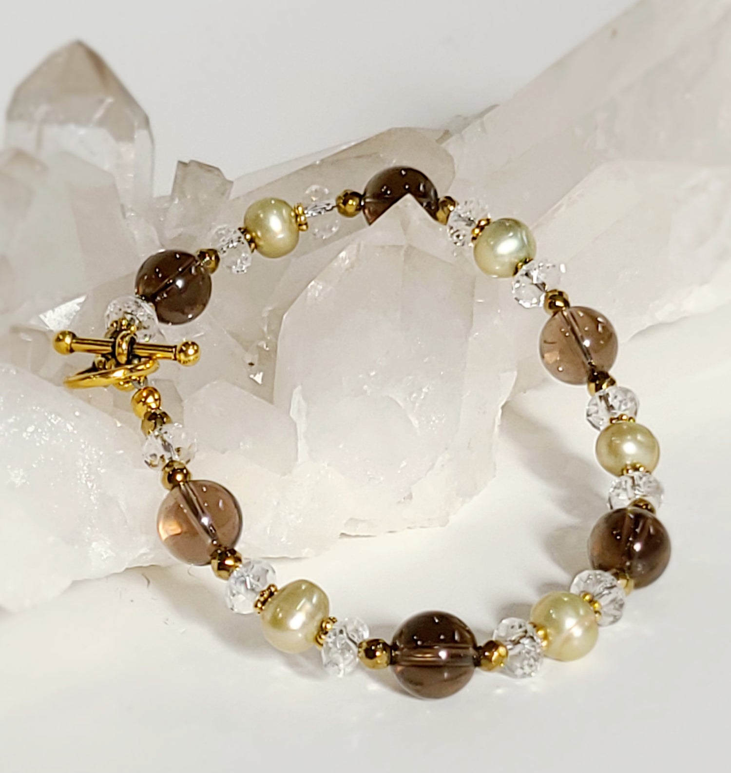 Smokey Quartz and Freshwater Pearl Toggle Bracelet