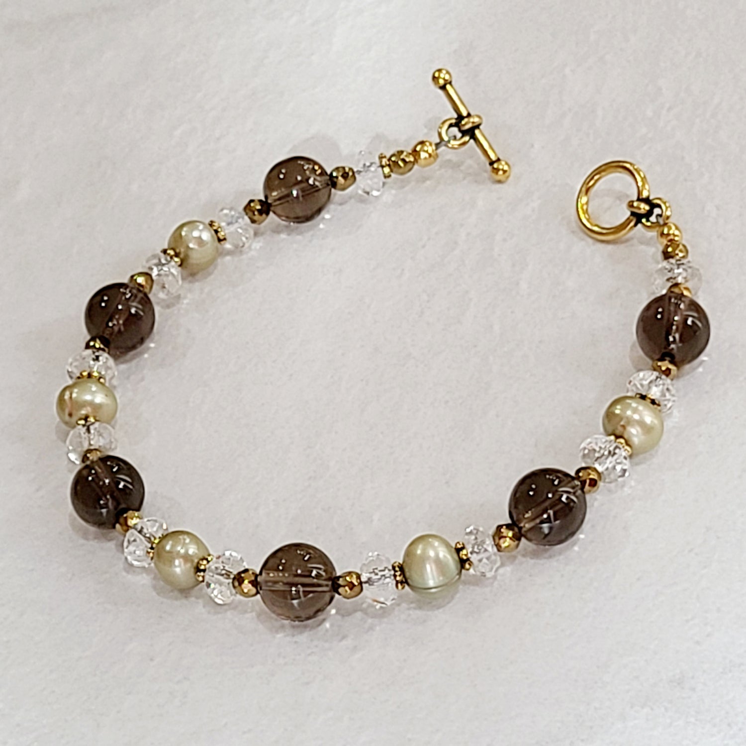 Smokey Quartz and Freshwater Pearl Toggle Bracelet