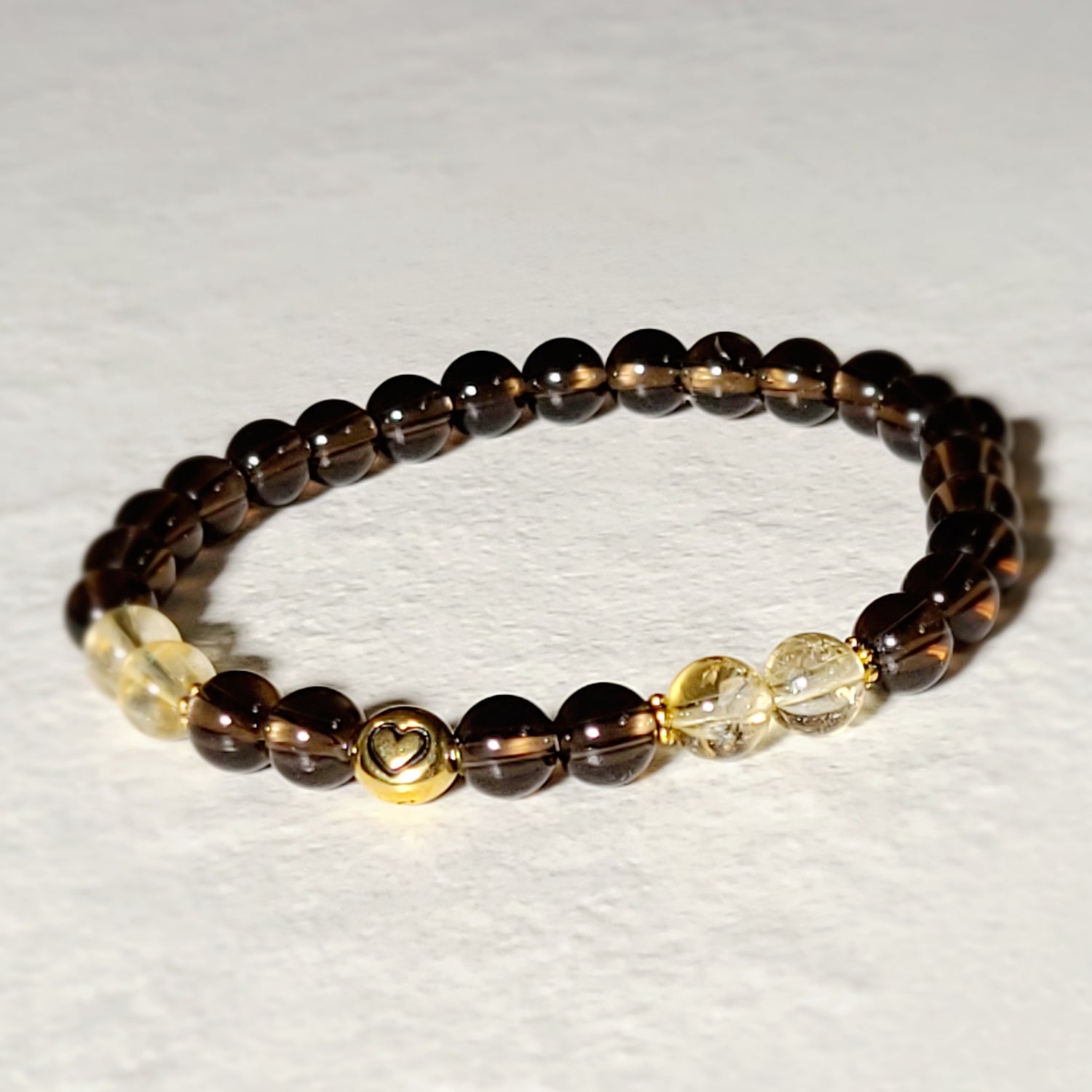Smokey Quartz and Citrine Stretch Bracelet with Tiny Heart