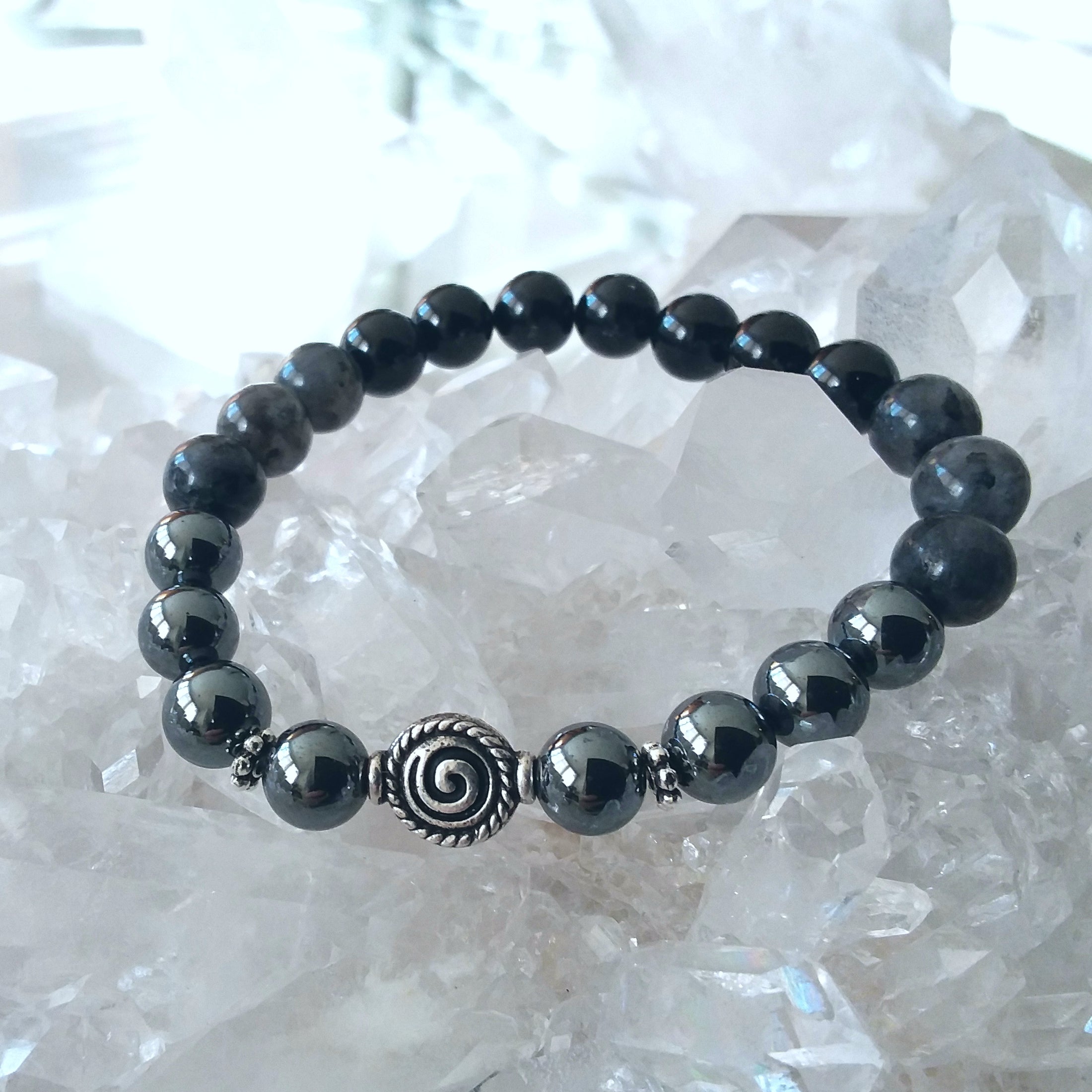Larvikite and Hematite Stretch Bracelet with Spiral Symbol