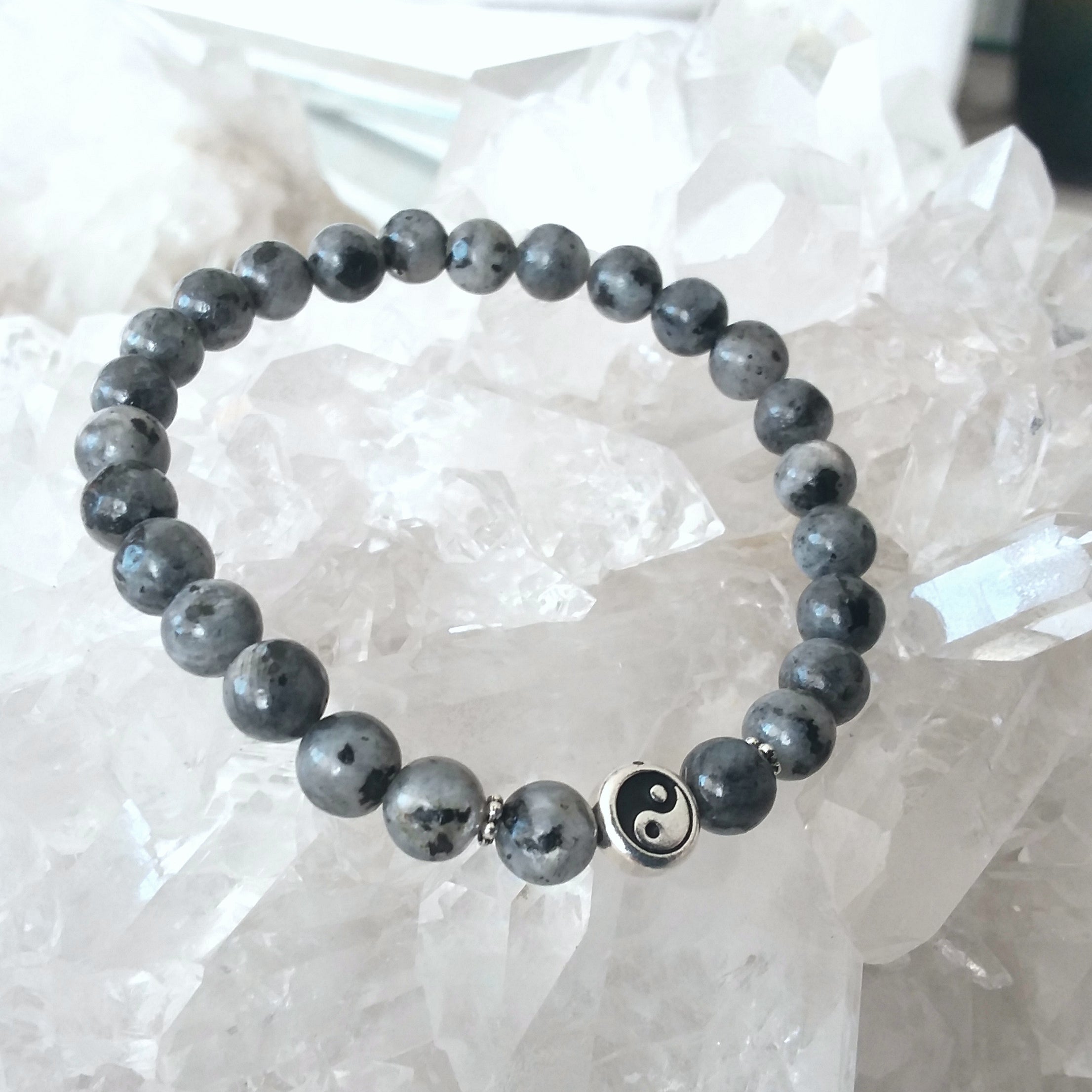 Larvikite Stretch Bracelet with Yin Yang Symbol