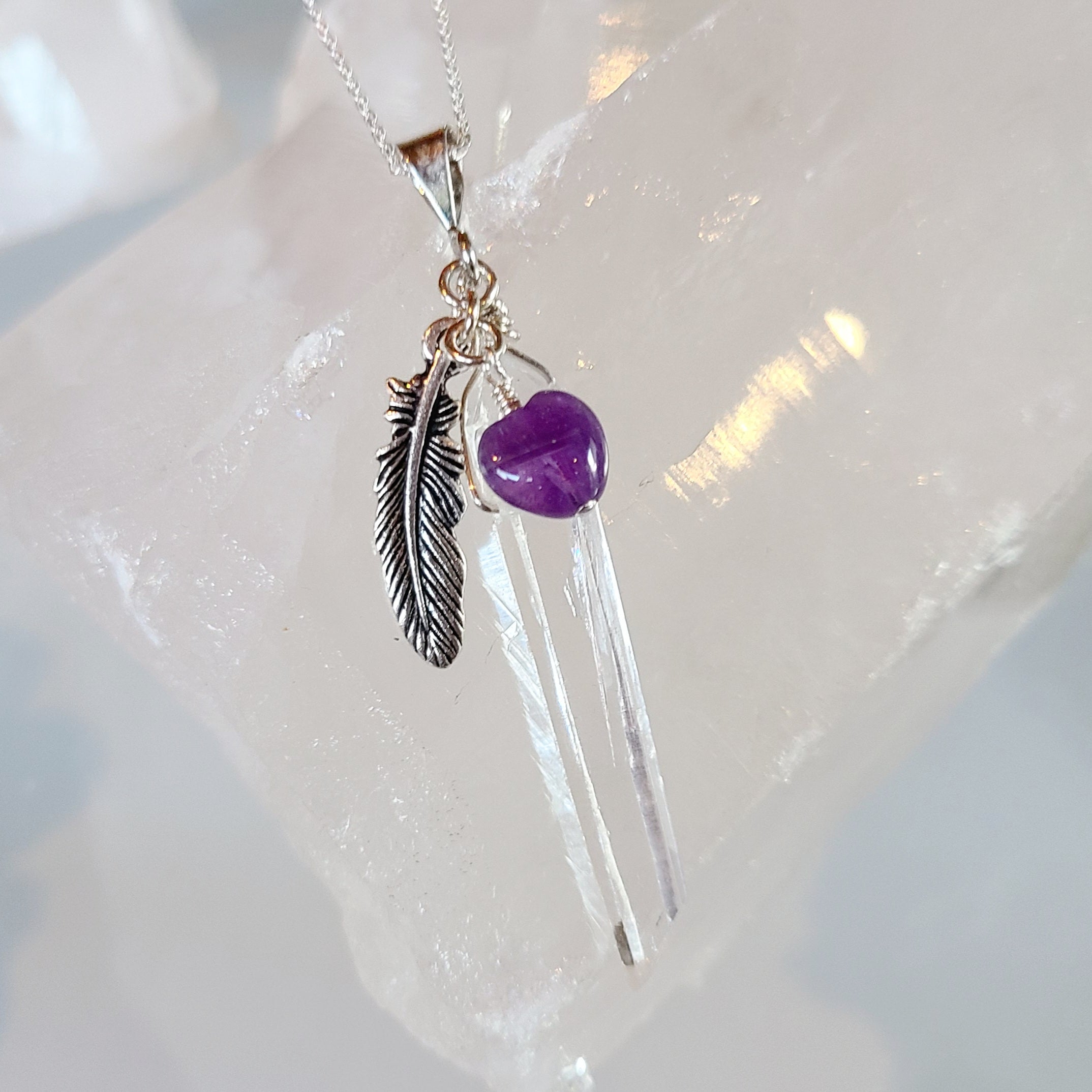 Crystal Quartz Point Necklace with Amethyst Heart and Feather