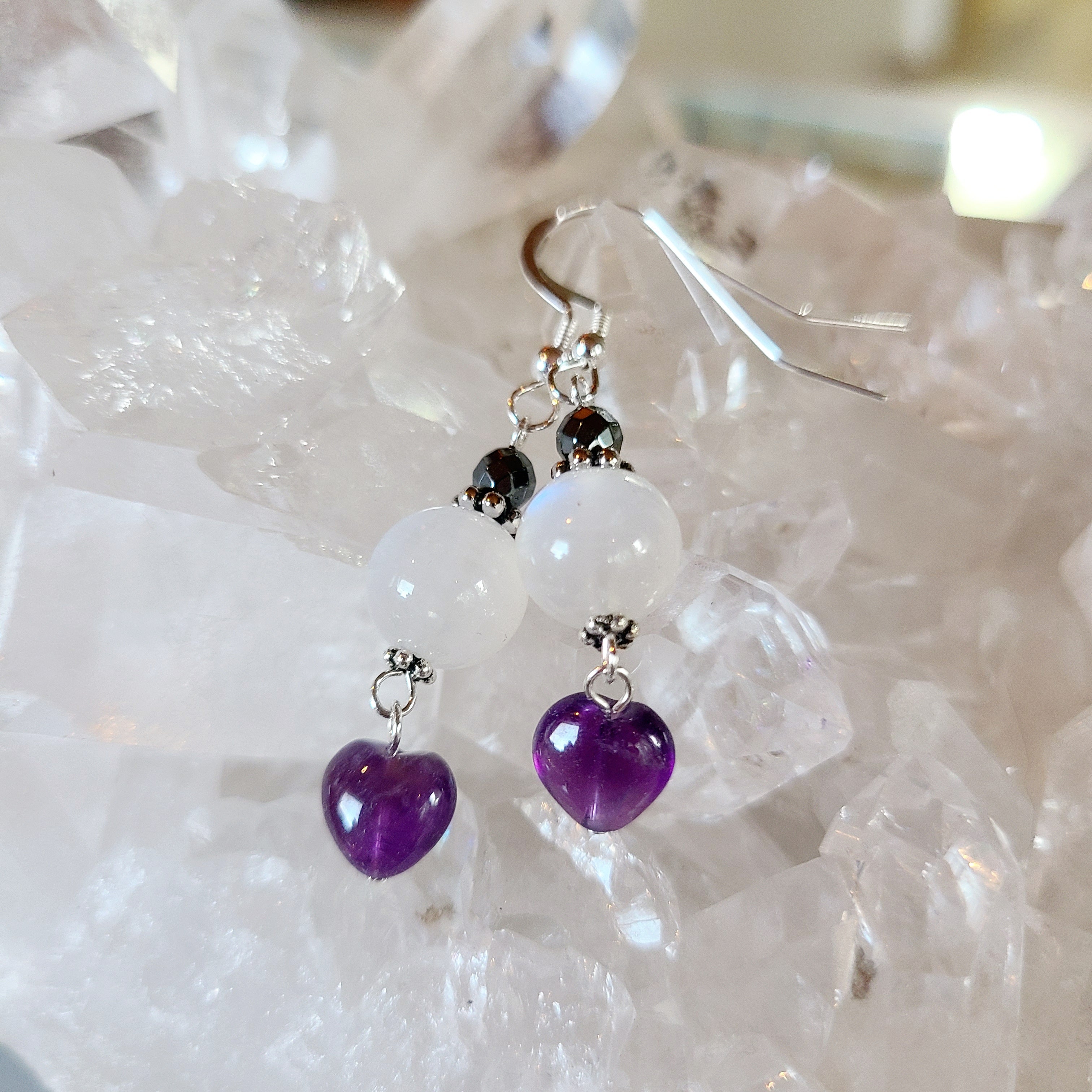 Rainbow Moonstone Earrings with Amethyst Hearts
