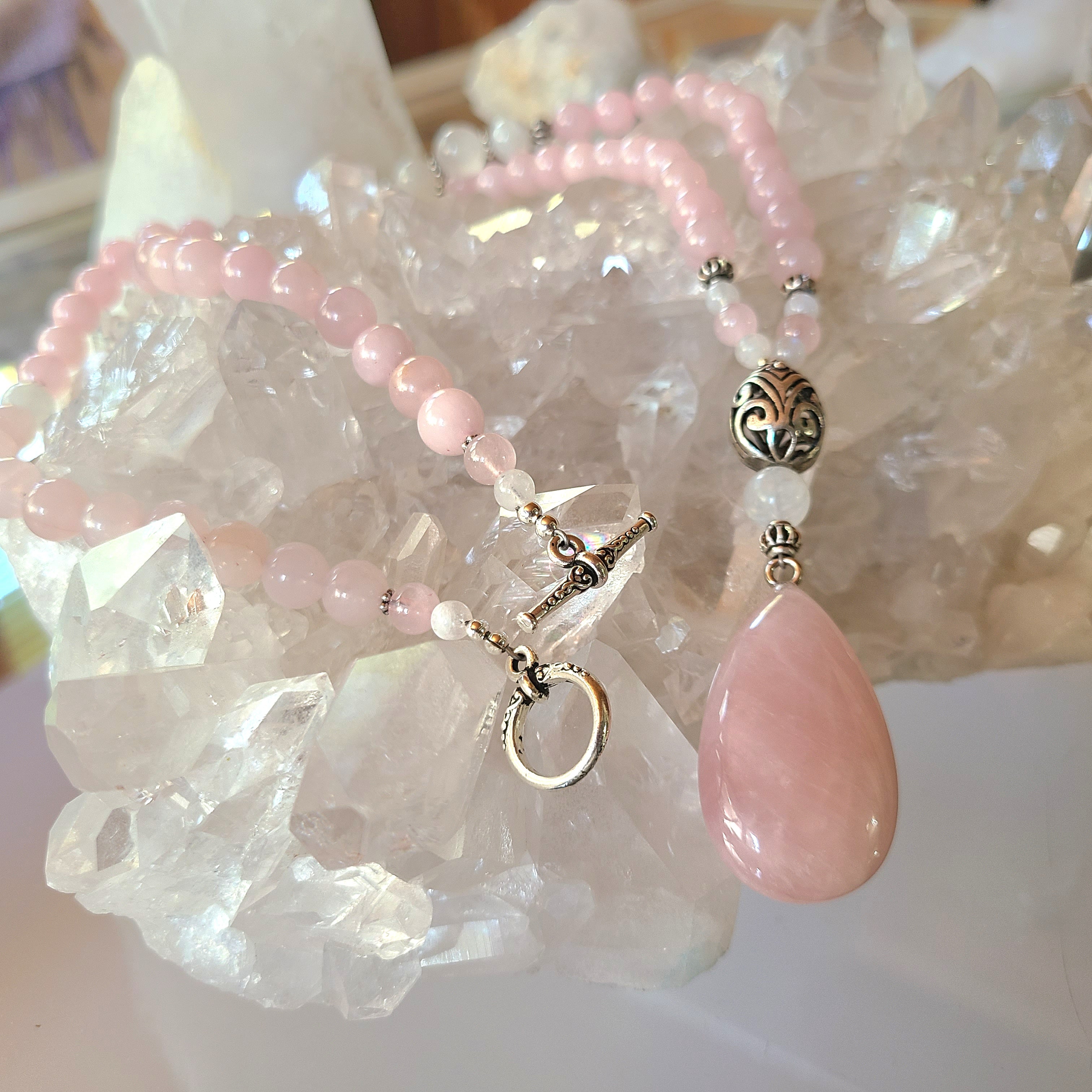 Rose Quartz and Rainbow Moonstone Long Mala Necklace