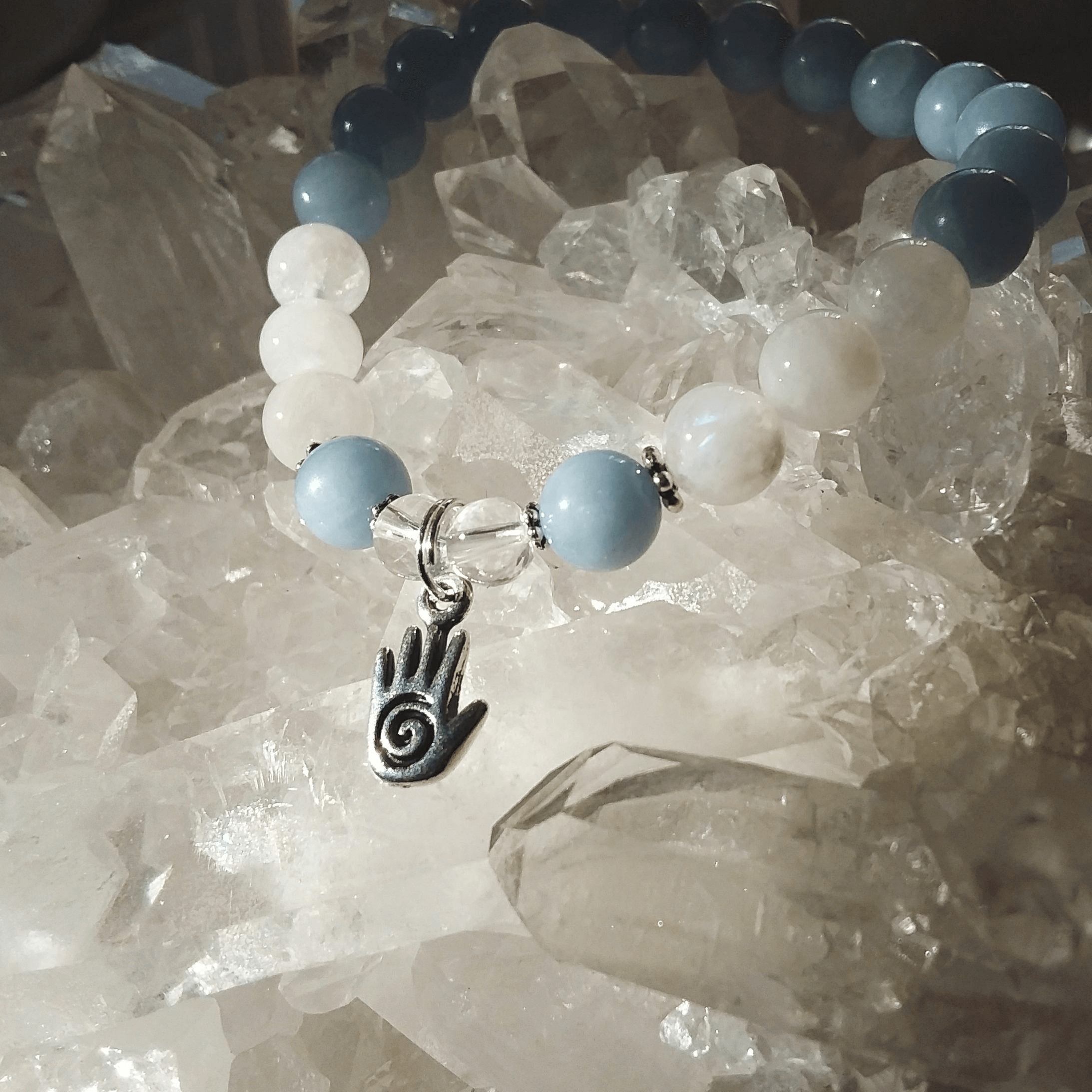 Angelite and Rainbow Moonstone Stretch Bracelet with Healing Hand