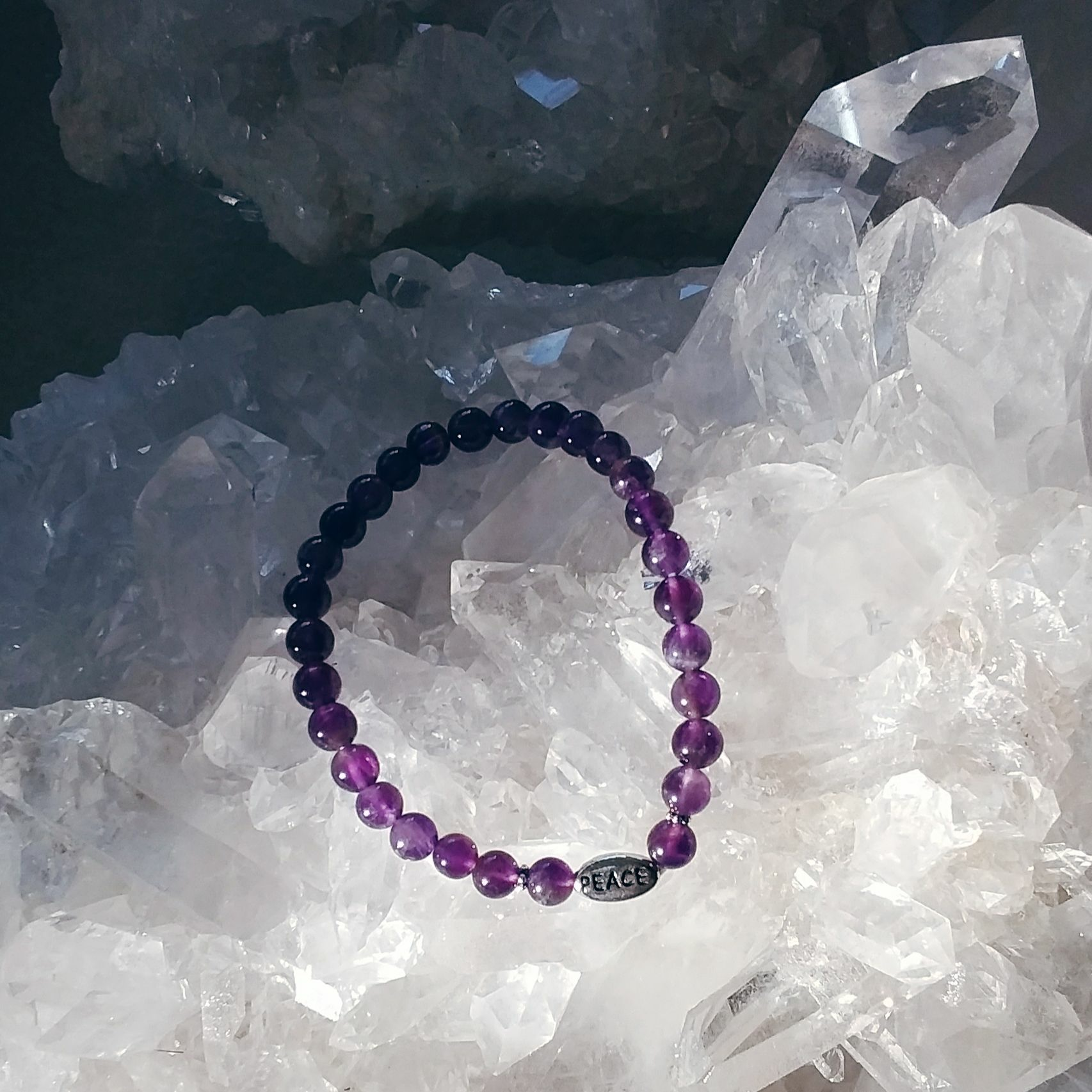 Amethyst Stretch Bracelet with “Peace”