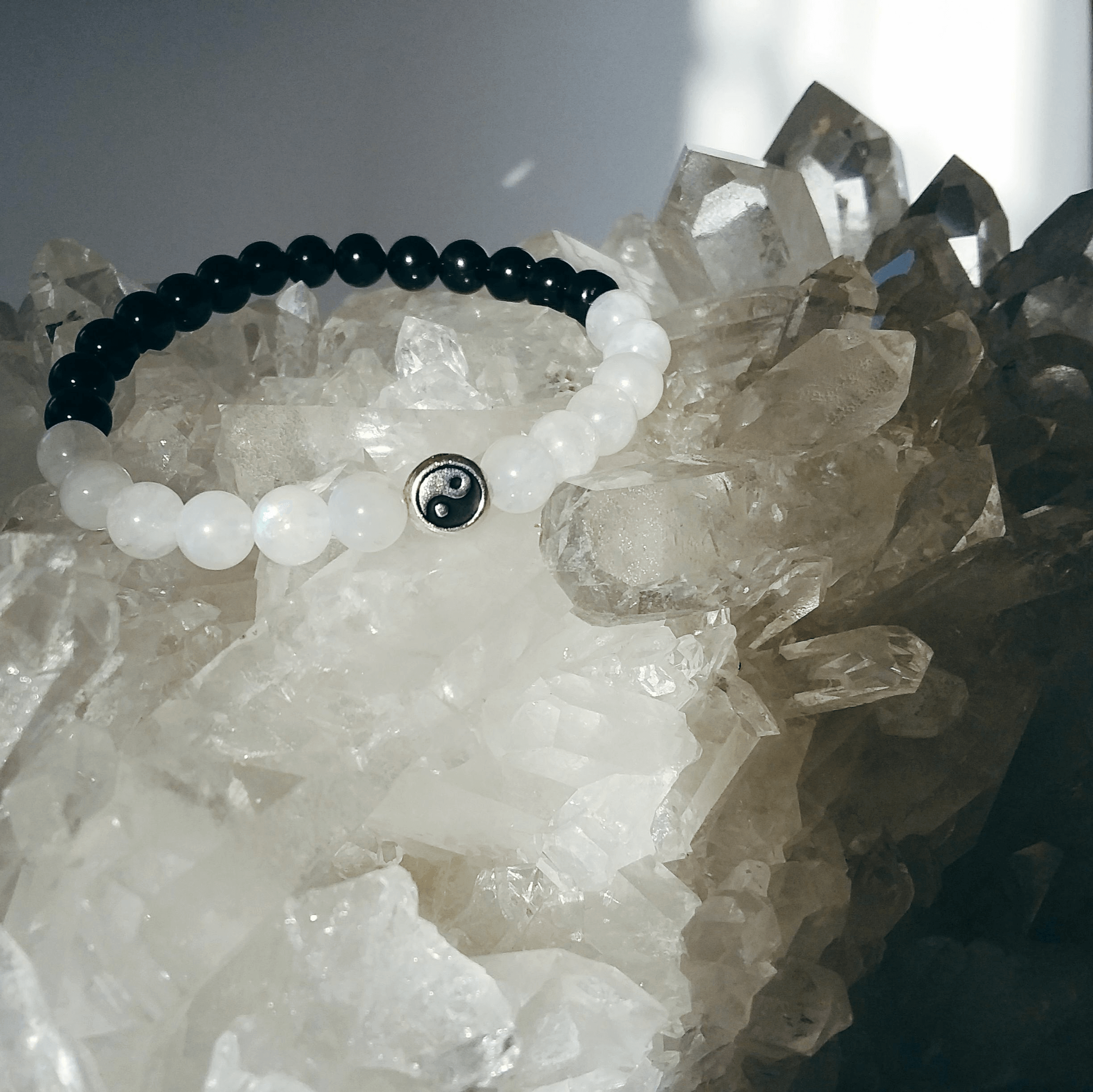 Black Tourmaline & Rainbow Moonstone Stretch Bracelet with Yin Yang Symbol
