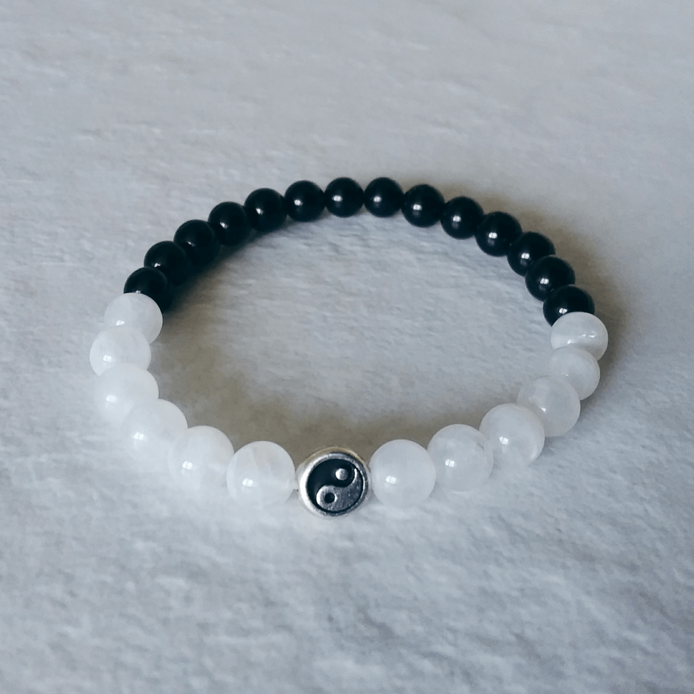 Black Tourmaline & Rainbow Moonstone Stretch Bracelet with Yin Yang Symbol