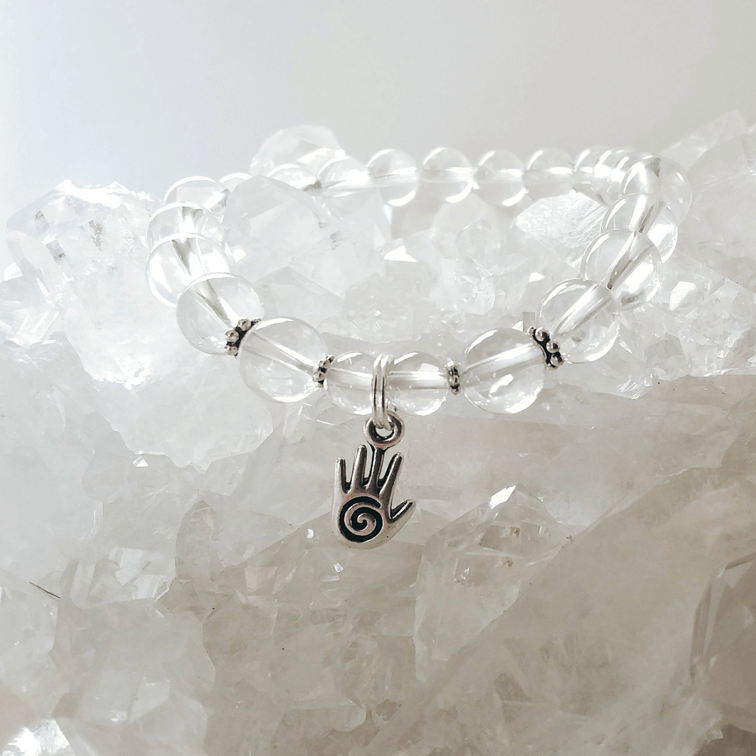 Crystal Quartz Stretch Bracelet with Healing Hand