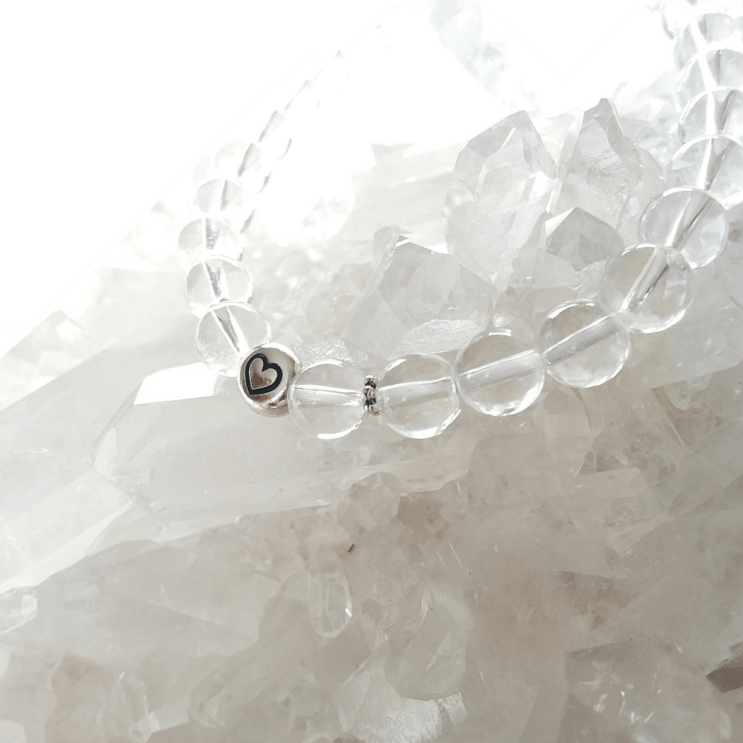 Crystal Quartz Stretch Bracelet with Tiny Heart