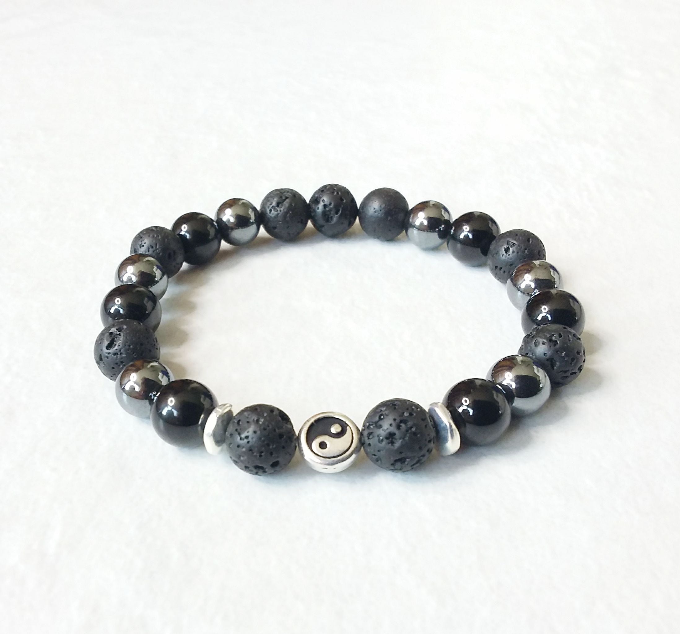 Lava Rock ~ Hematite ~ Black Tourmaline Stretch Bracelet with Yin Yang Symbol