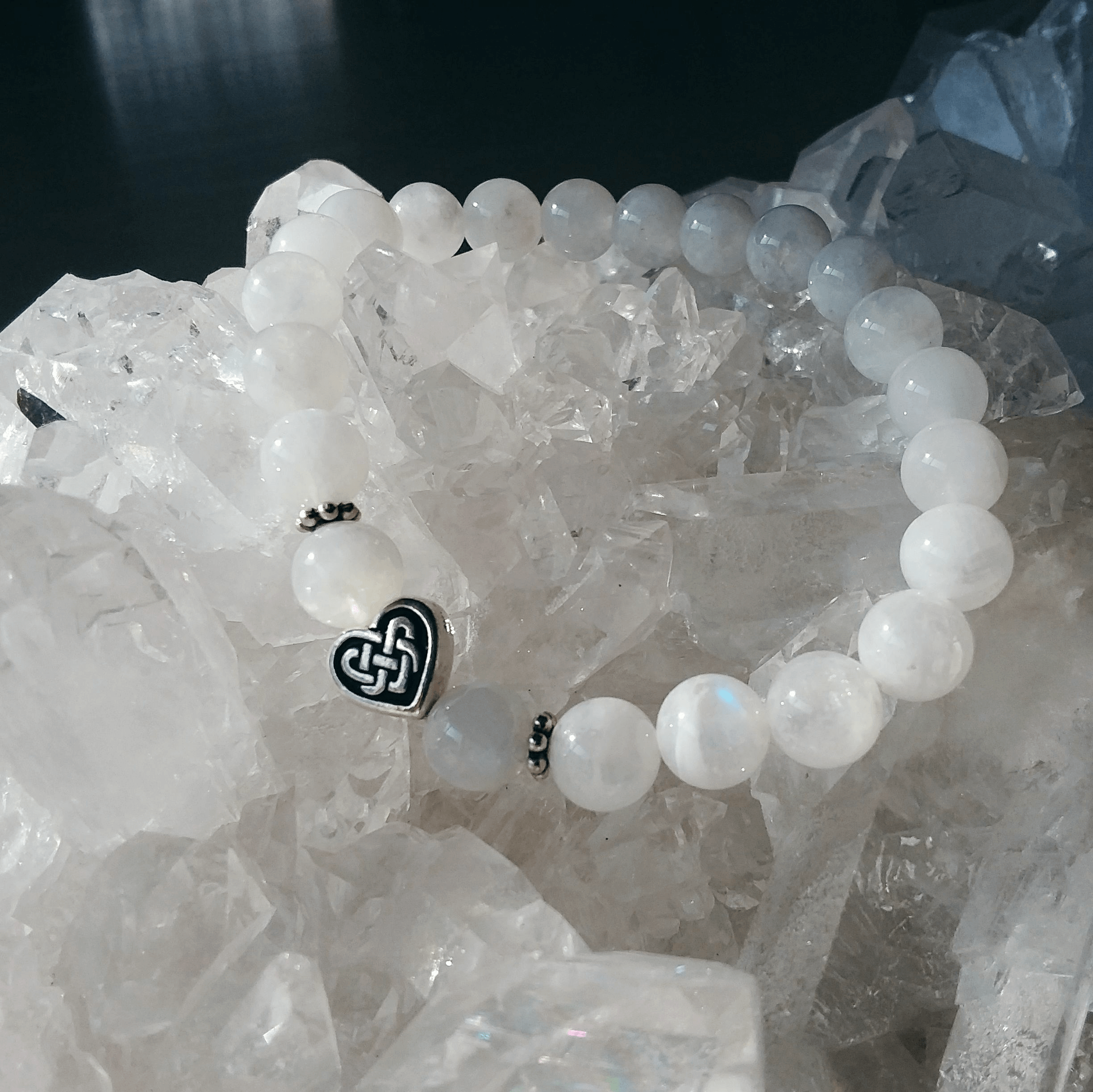 Rainbow Moonstone Stretch Bracelet with Celtic Heart