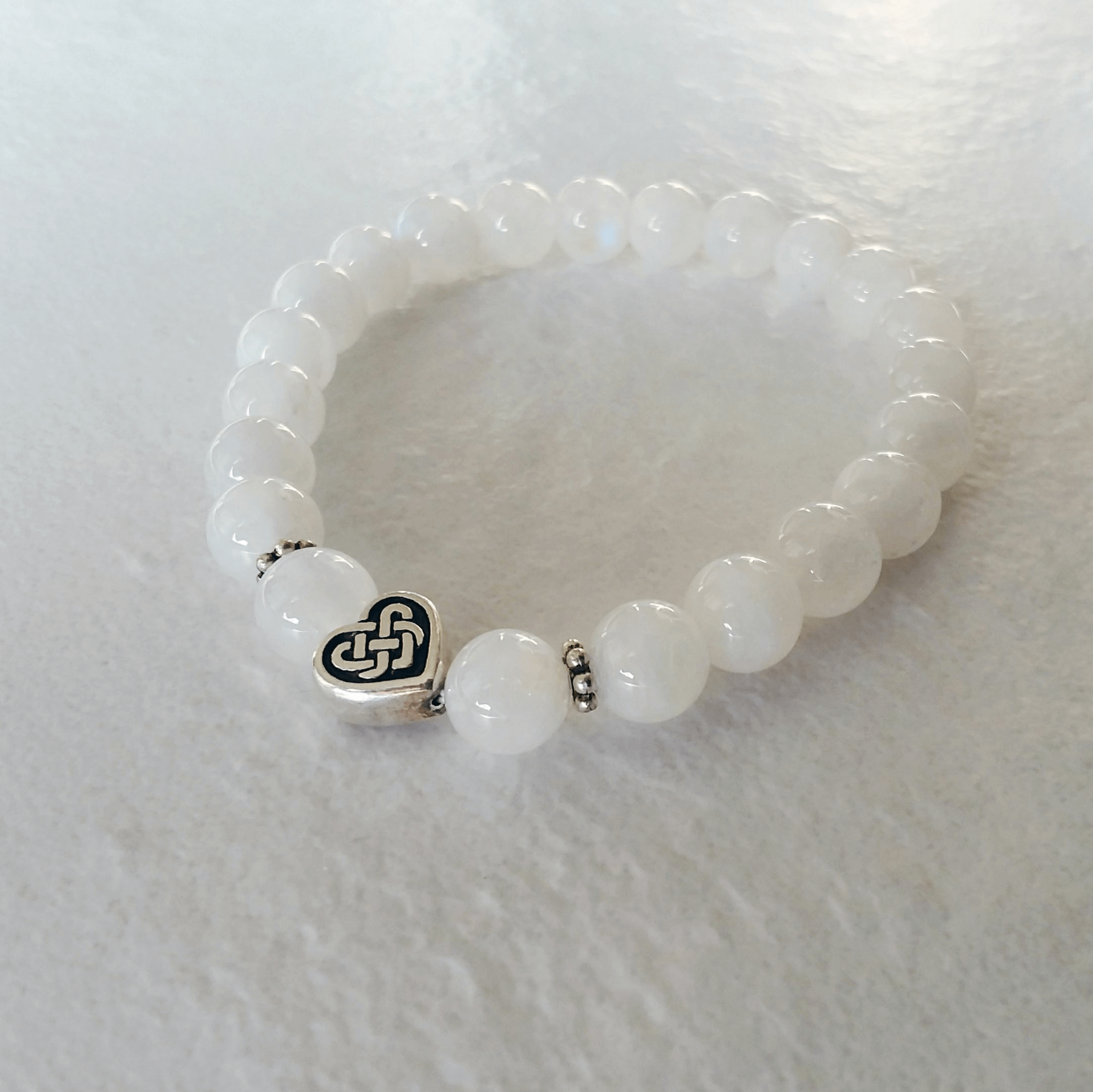 Rainbow Moonstone Stretch Bracelet with Celtic Heart