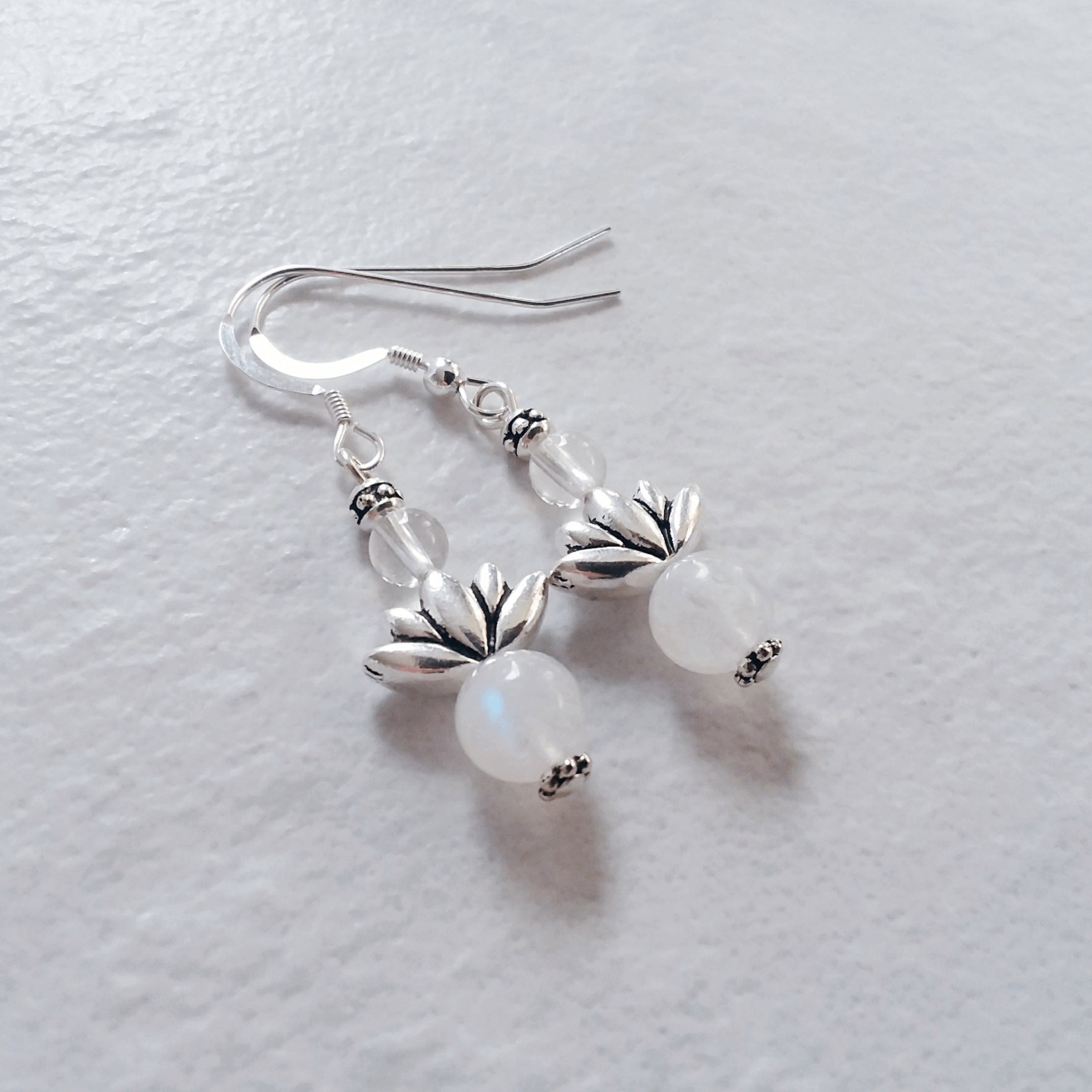 Rainbow Moonstone Earrings with Lotus Flowers