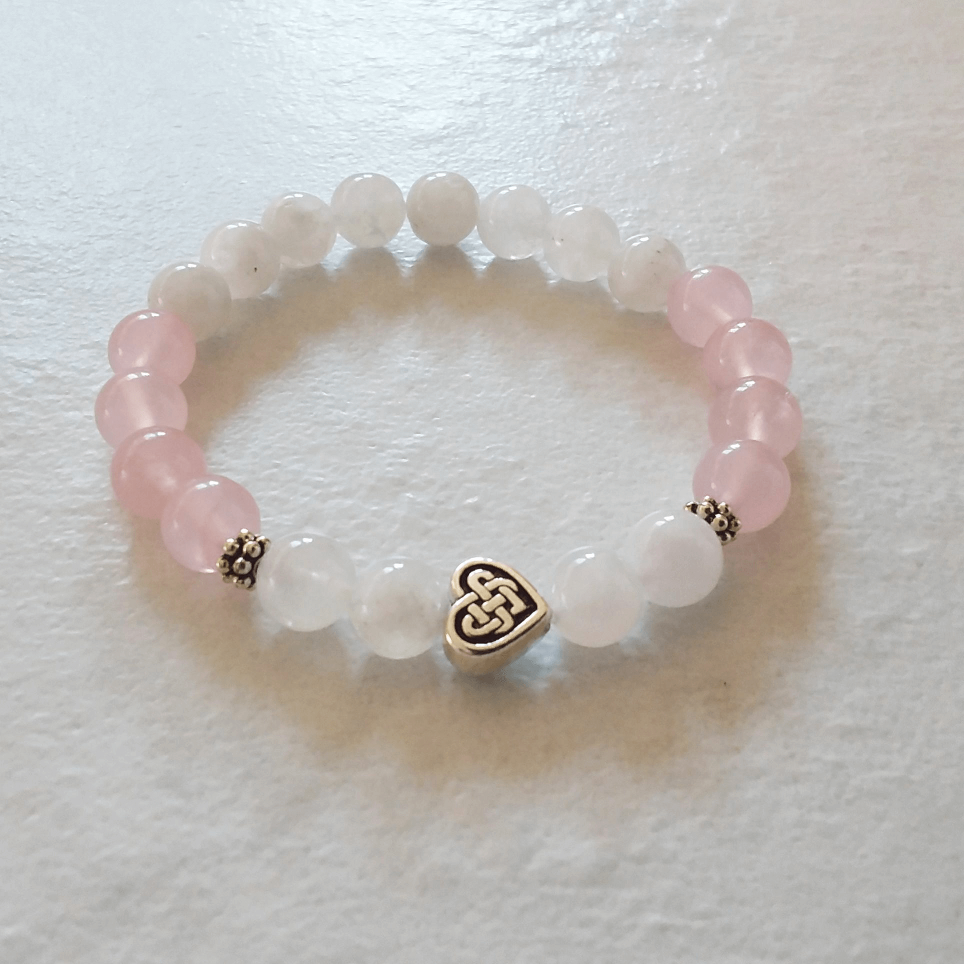 Rainbow Moonstone & Rose Quartz Stretch Bracelet with Celtic Heart