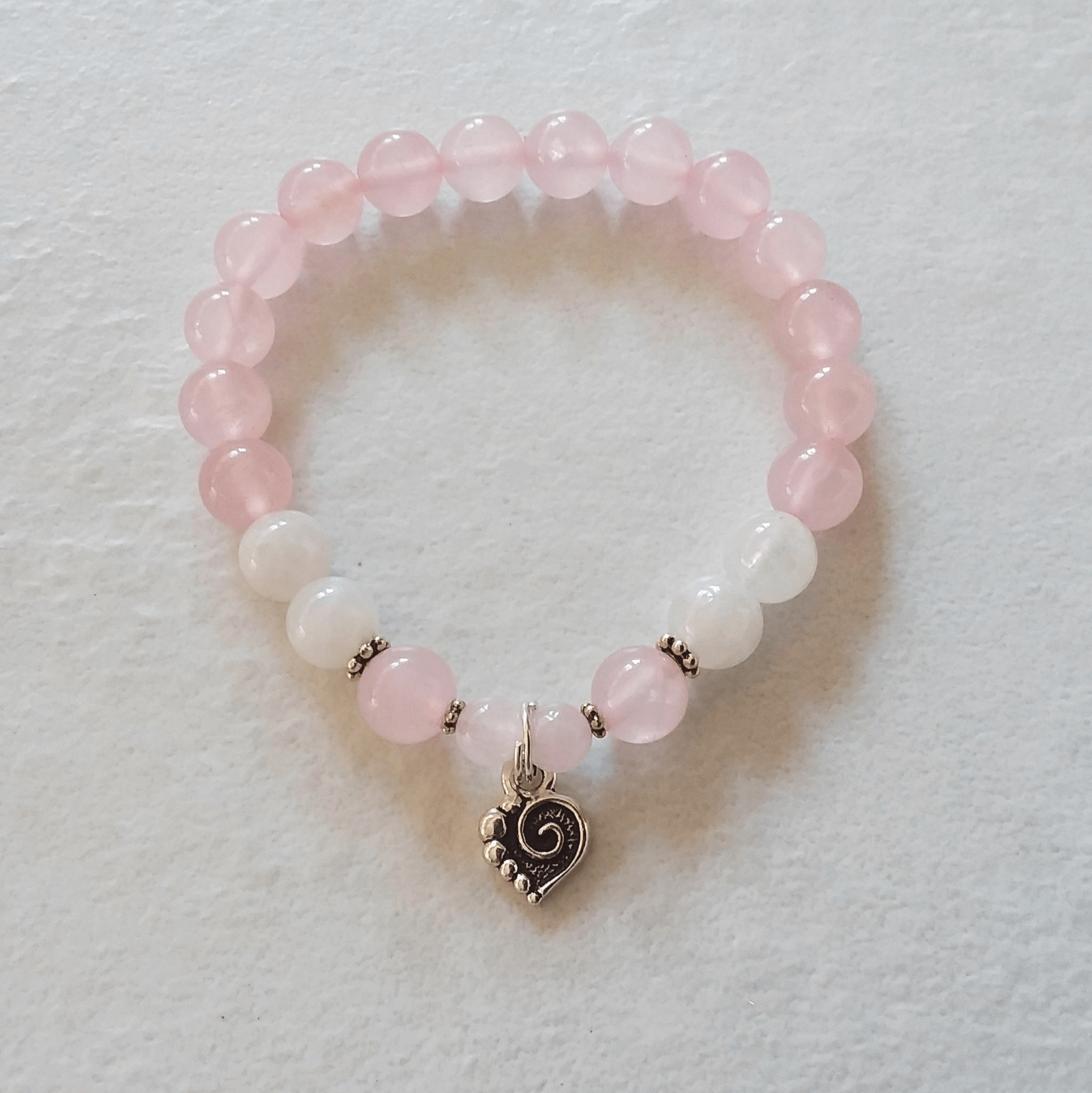 Rose Quartz & Rainbow Moonstone Stretch Bracelet with Spiral Heart