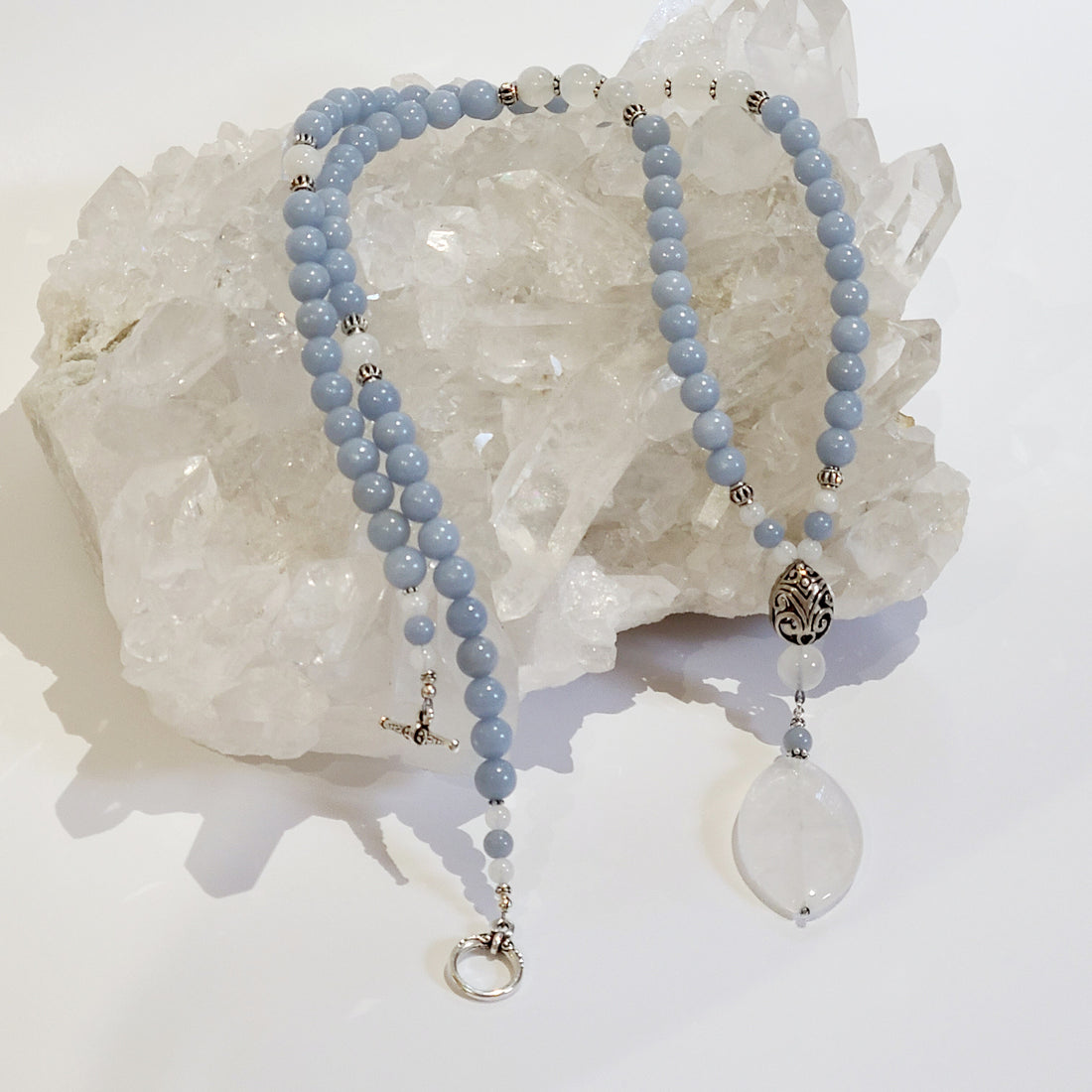 Angelite and Rainbow Moonstone Long Mala Necklace