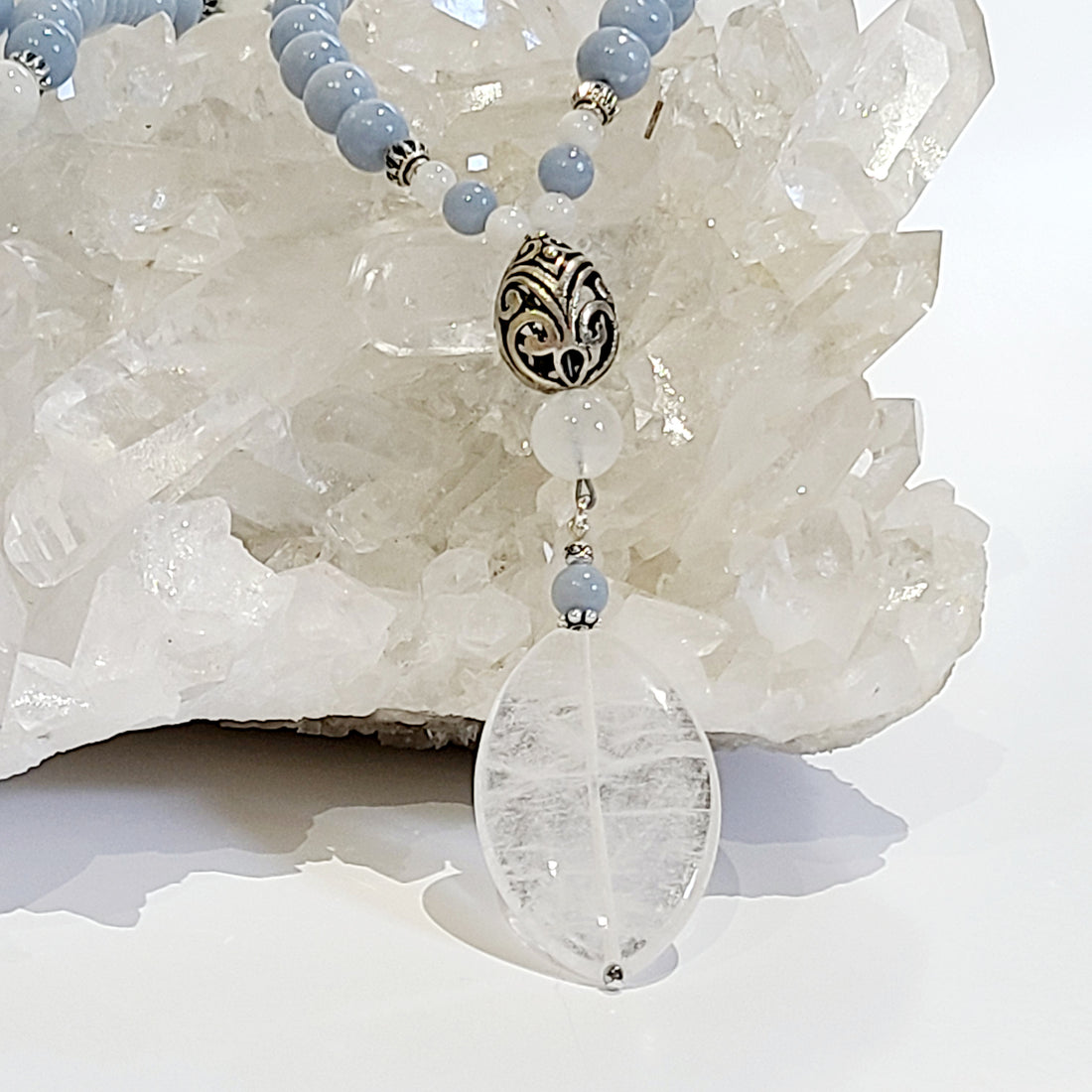 Angelite and Rainbow Moonstone Long Mala Necklace