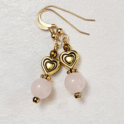 Rose Quartz with Gold Heart Earrings