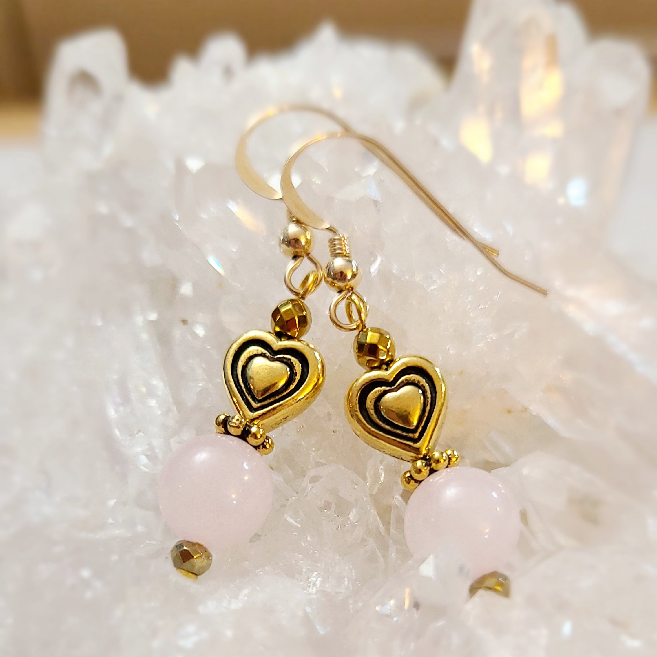 Rose Quartz with Gold Heart Earrings