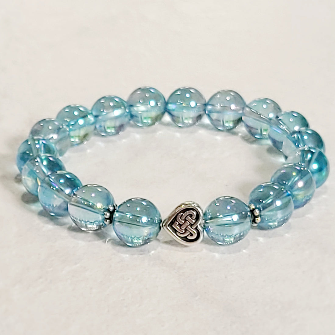 Aqua Aura Quartz Stretch Bracelet with Celtic Heart