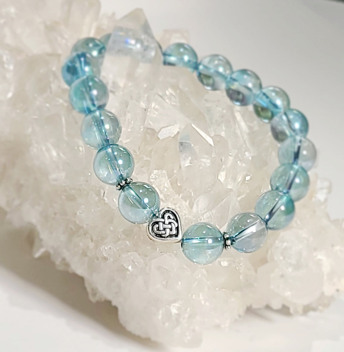 Aqua Aura Quartz Stretch Bracelet with Celtic Heart