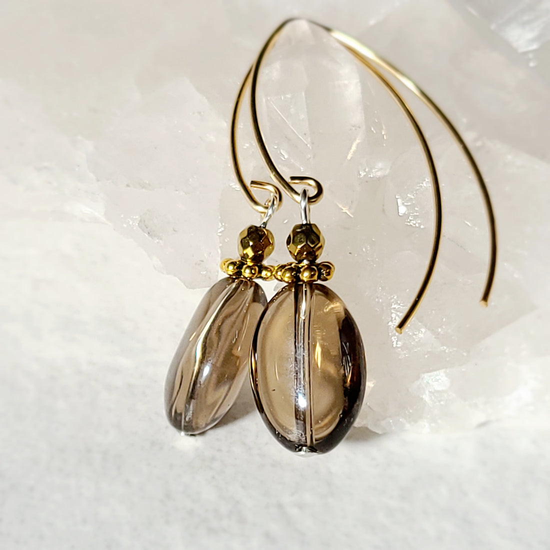 Smokey Quartz Gold Bow Dangle Earrings