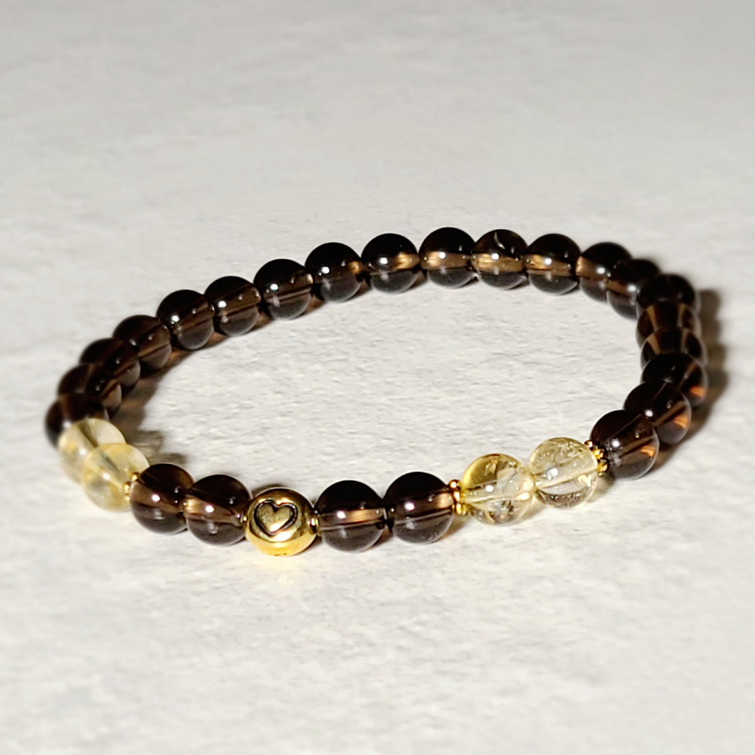 Smokey Quartz and Citrine Stretch Bracelet with Tiny Heart