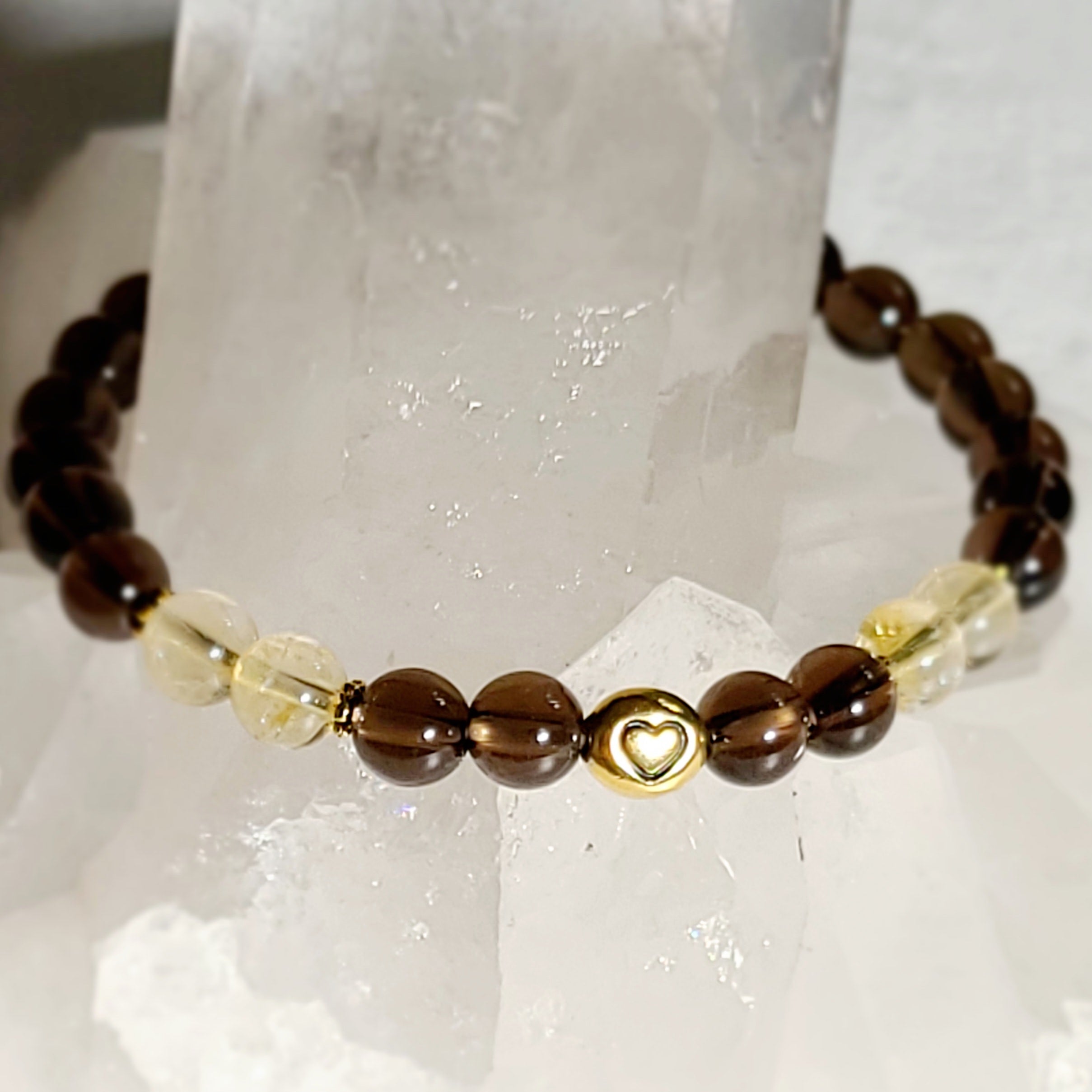 Smokey Quartz and Citrine Stretch Bracelet with Tiny Heart