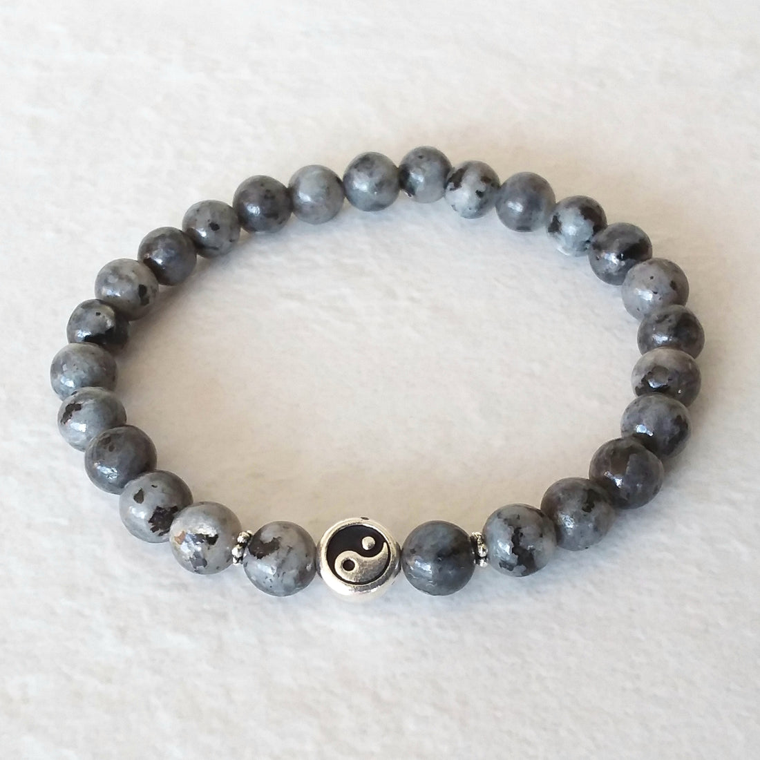 Larvikite Stretch Bracelet with Yin Yang Symbol