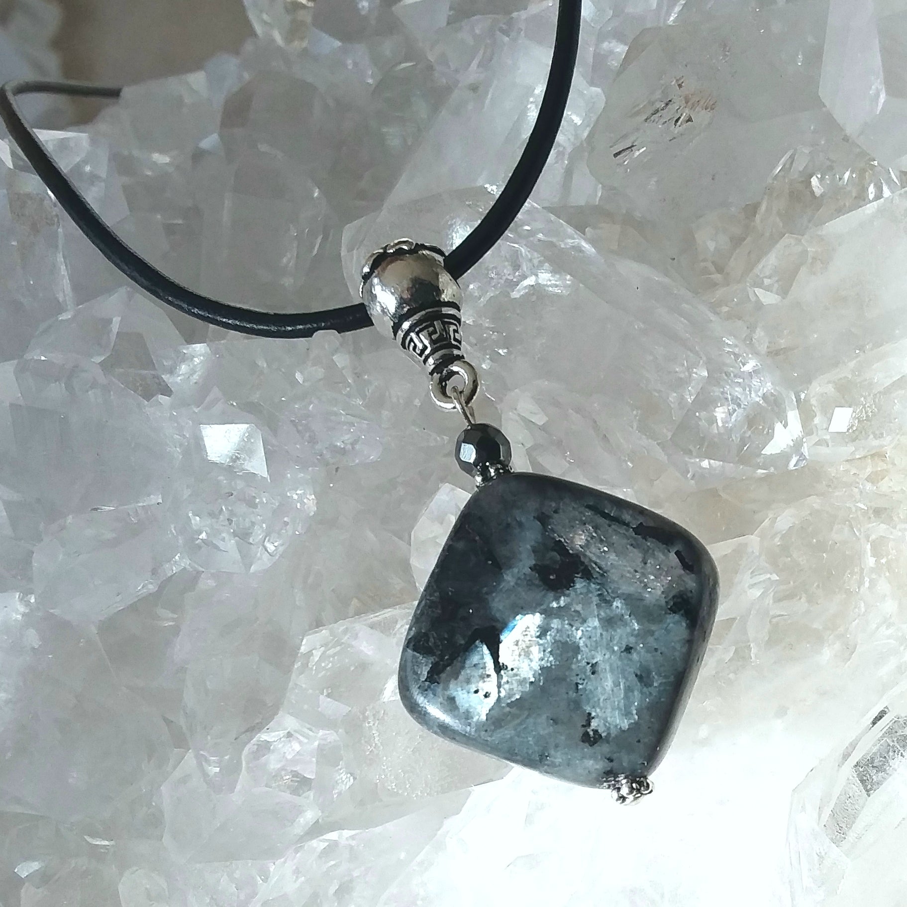 Larvikite Pendant on Leather Necklace