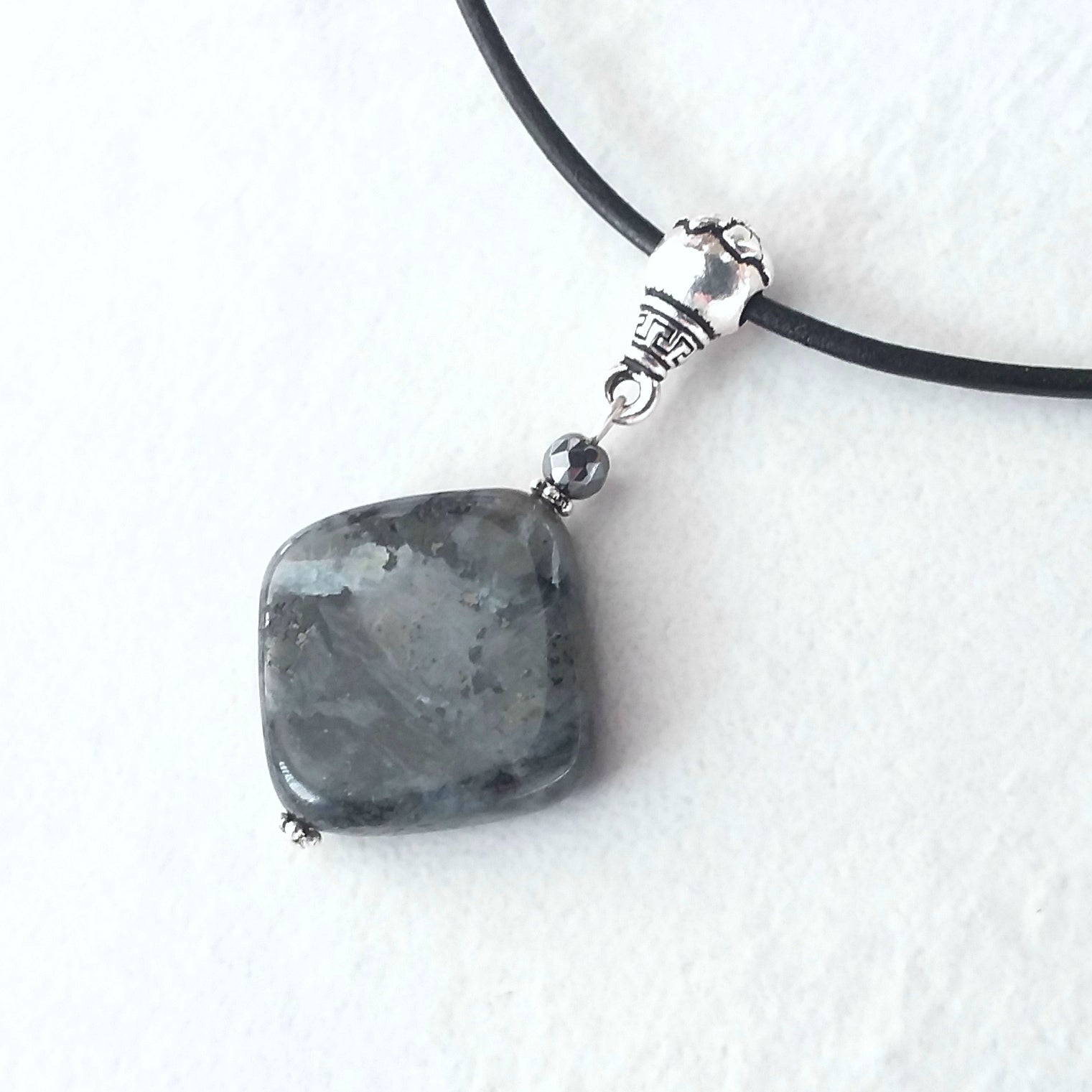Larvikite Pendant on Leather Necklace