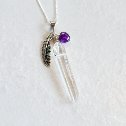 Crystal Quartz Point Necklace with Amethyst Heart and Feather