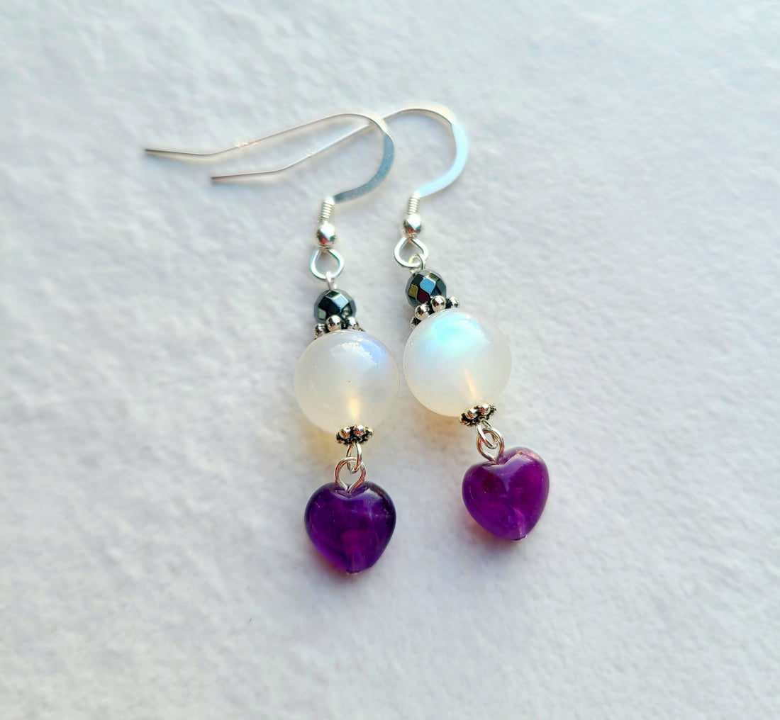 Rainbow Moonstone Earrings with Amethyst Hearts
