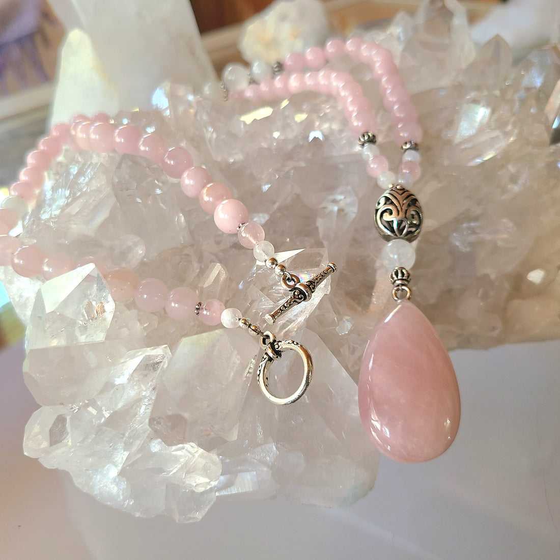 Rose Quartz and Rainbow Moonstone Long Mala Necklace