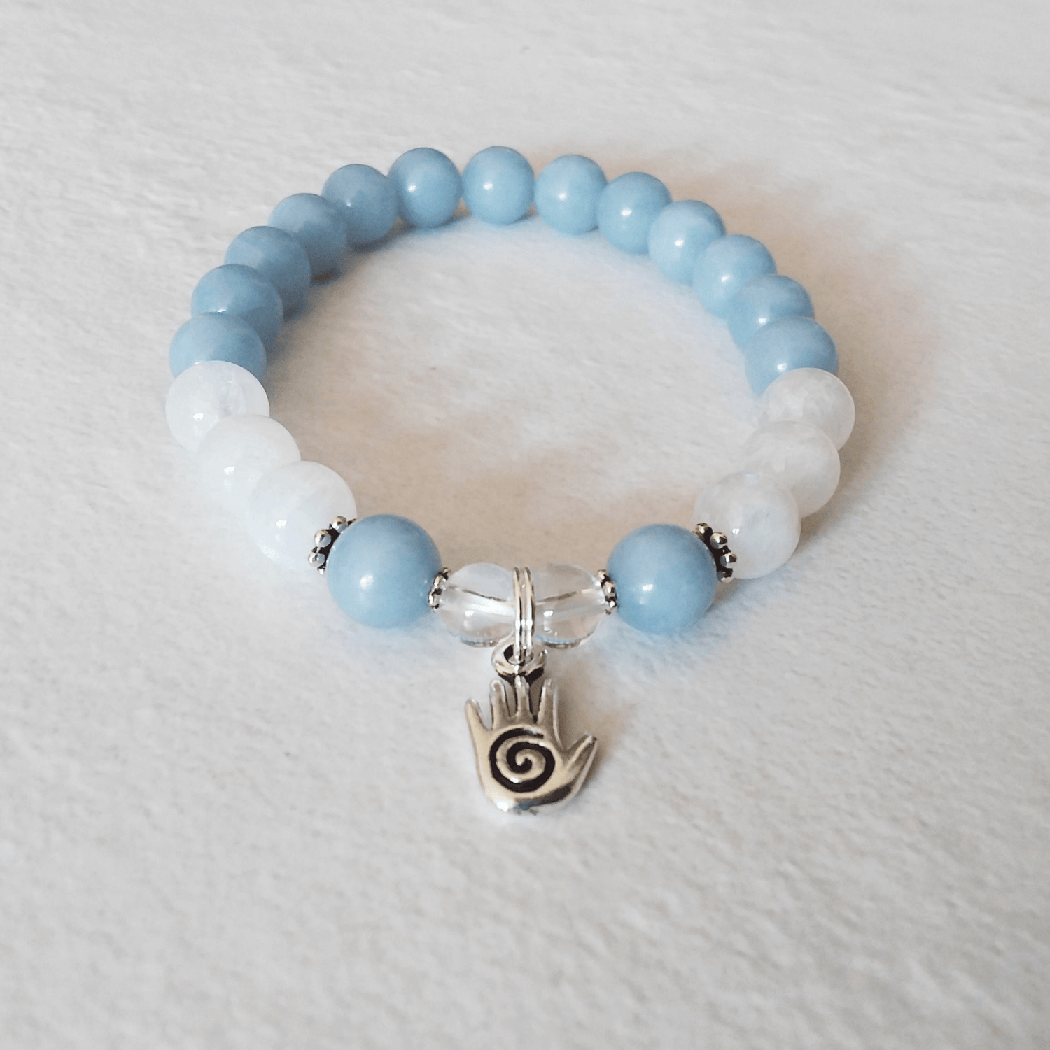 Angelite and Rainbow Moonstone Stretch Bracelet with Healing Hand