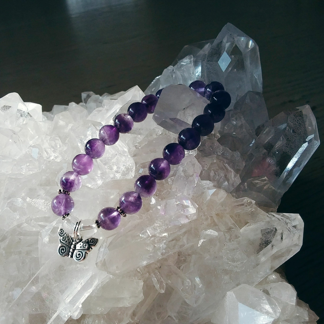 Amethyst Stretch Bracelet with Butterfly