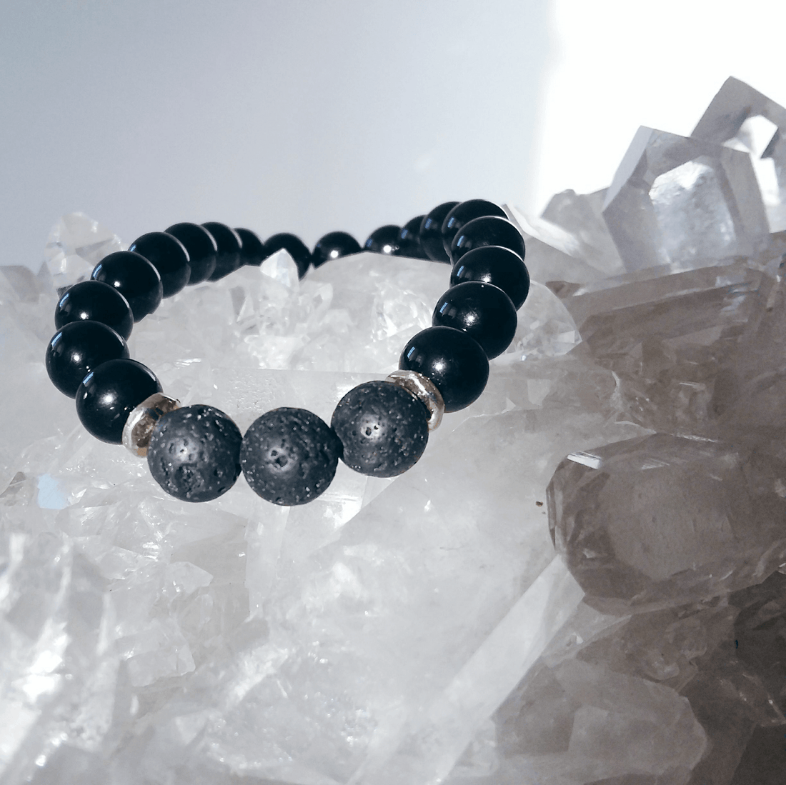 Black Tourmaline Stretch Bracelet with Lava Rock