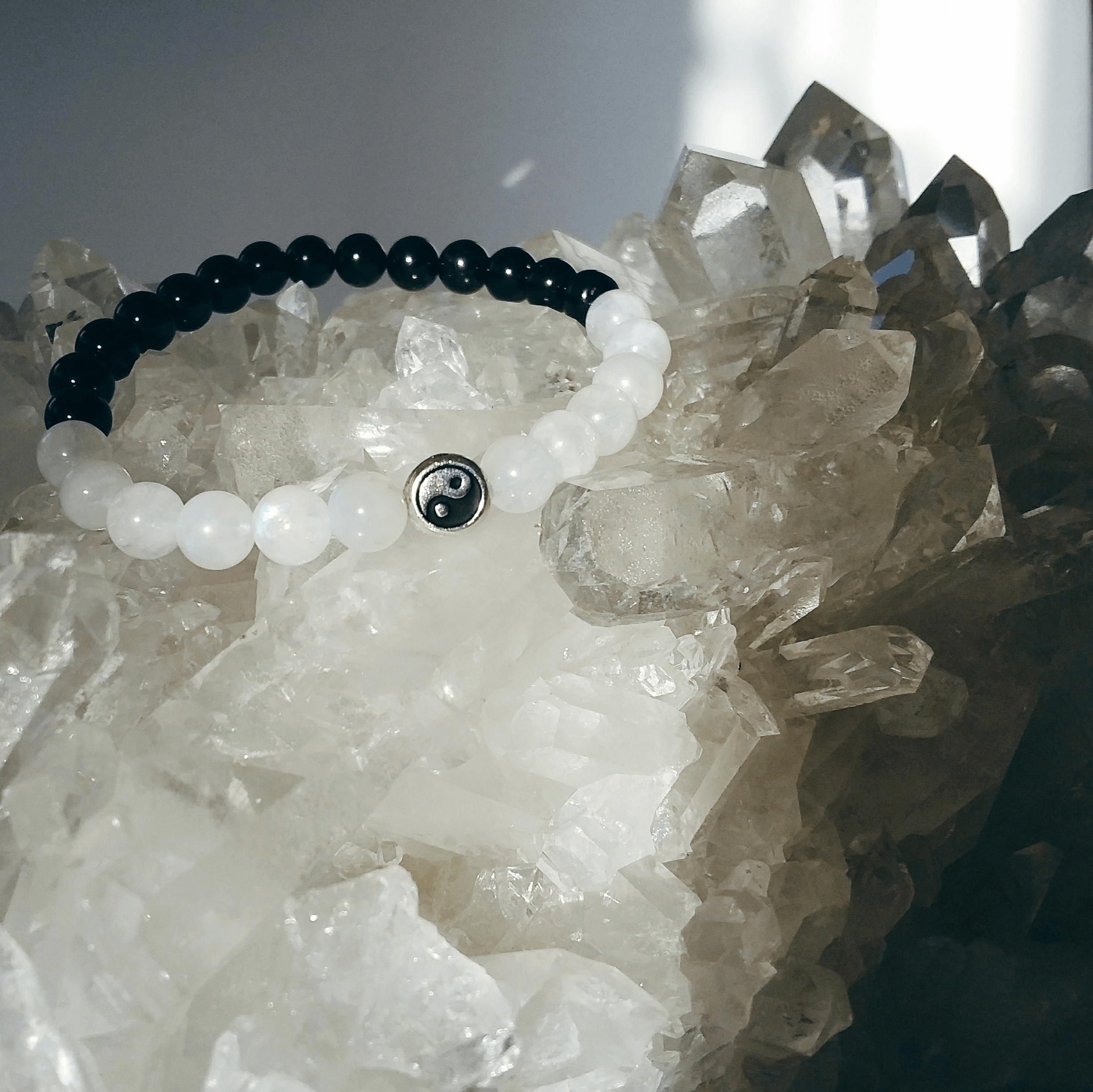 Black Tourmaline &amp; Rainbow Moonstone Stretch Bracelet with Yin Yang Symbol