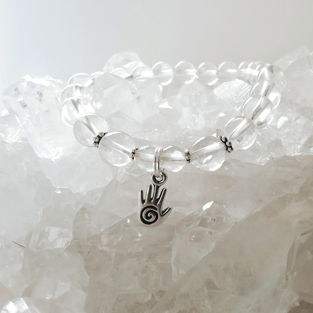 Crystal Quartz Stretch Bracelet with Healing Hand