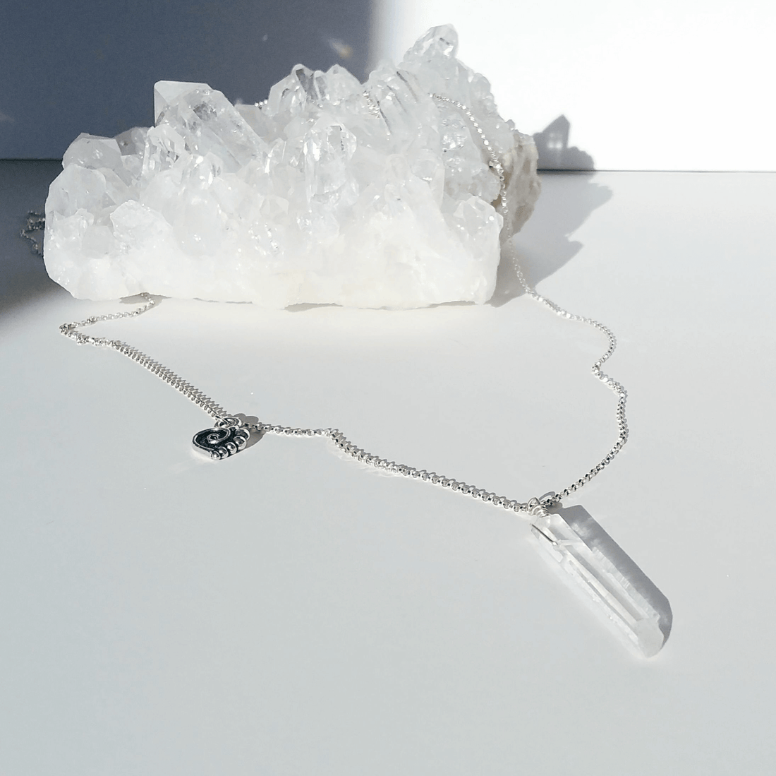 Crystal Quartz Point Necklace with Spiral Heart